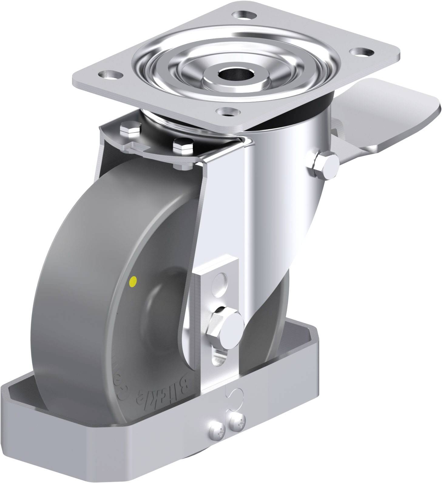 Ein graues Schwenkrolle mit Metallgehäuse und Befestigungsplatte, geeignet für Transportwagen oder Möbel, bietet Beweglichkeit und Stabilität.