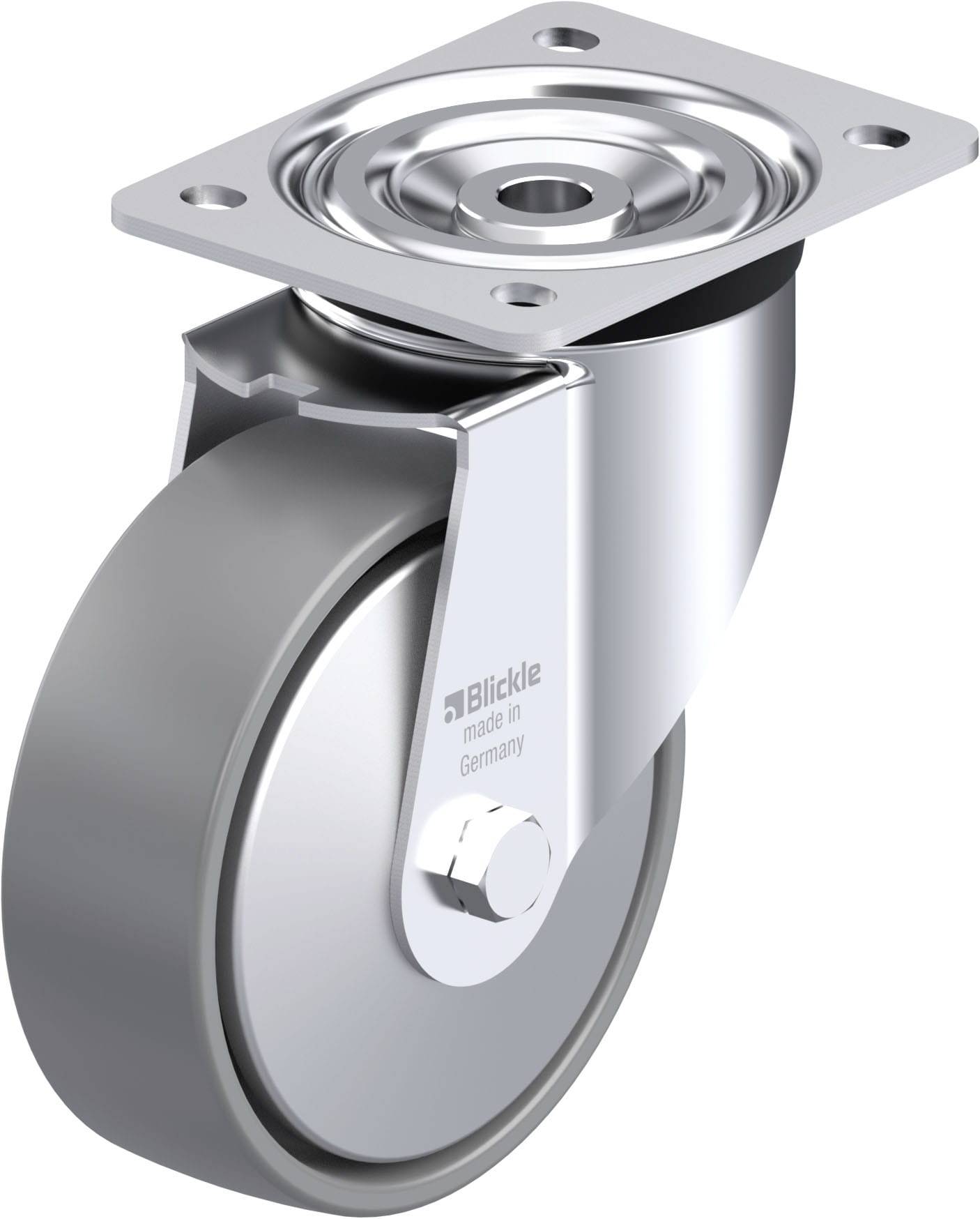 Metallrolle mit einem grauen Rad und einer Befestigungsplatte. Text auf der Halterung: 'Blickle made in Germany'.