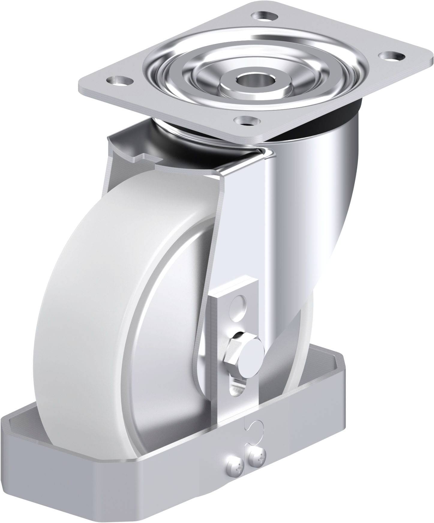 Schwenkrolle aus Metall mit weißem Rad, geeignet für Möbel oder Industrieanwendungen.
