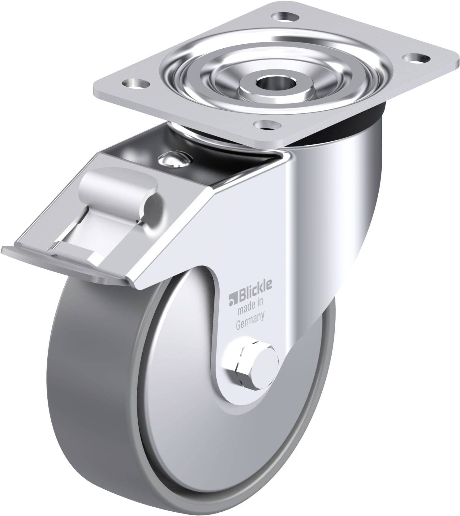Lenkrolle mit Metallgehäuse und Befestigungsplatte, geeignet für robuste Anwendungen.