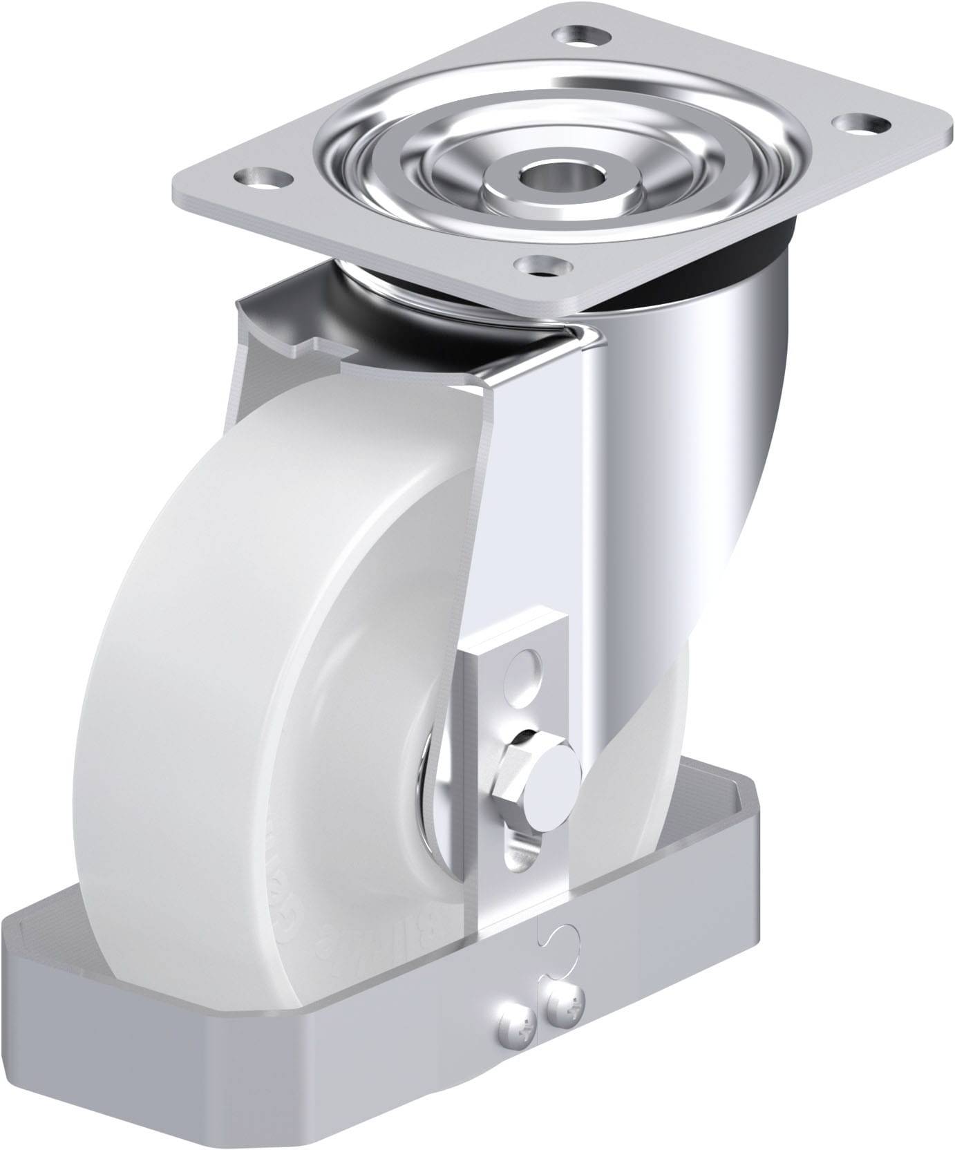 Schwenkrolle aus Metall mit weißem Rad und rechteckiger Montageplatte, geeignet für Möbel oder Industrieanwendungen.