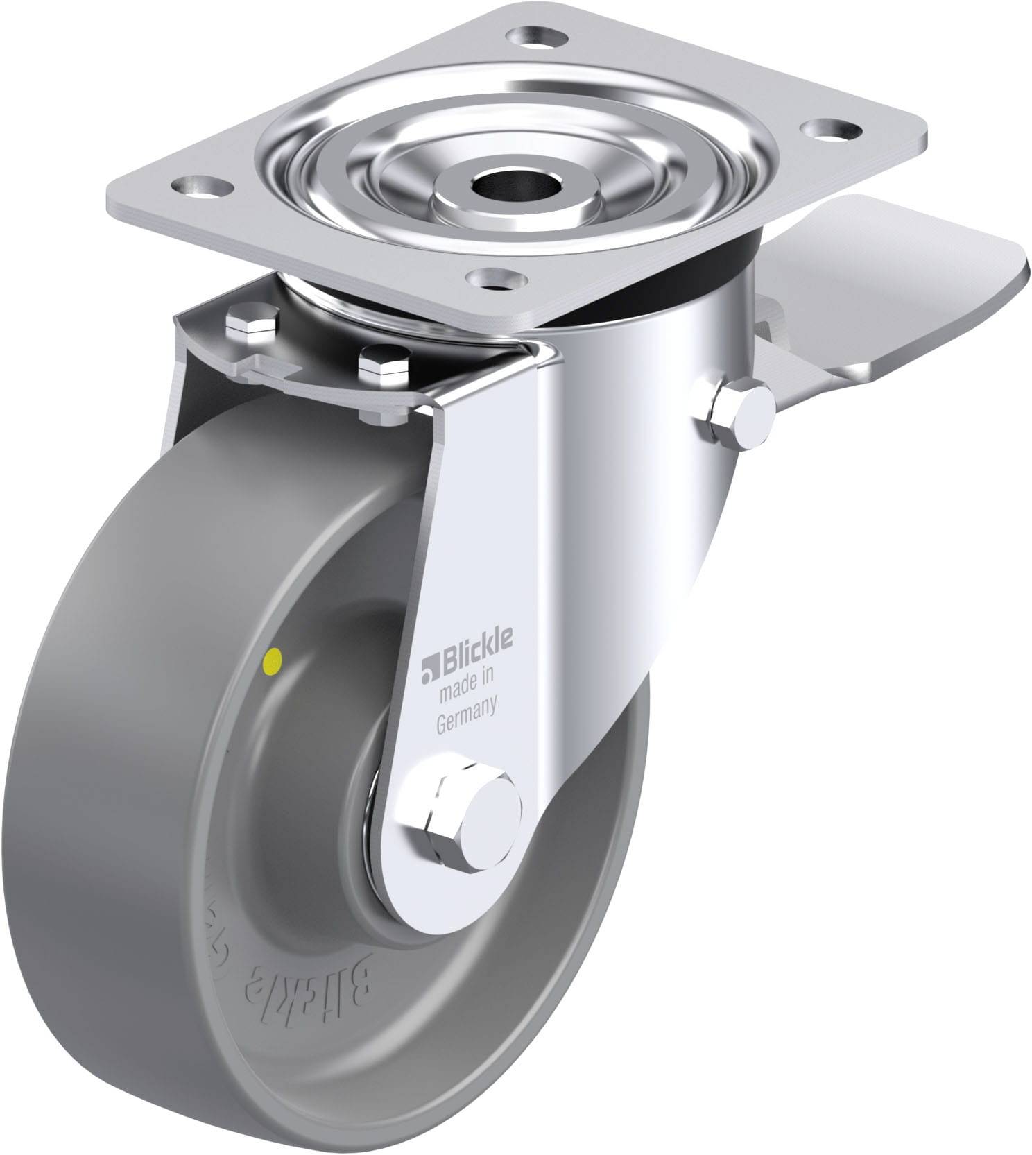 Graue Metallrolle mit Gummireifen und Halterung, geeignet für schweres Gerät. Markierung 'Blickle made in Germany' auf der Seite.