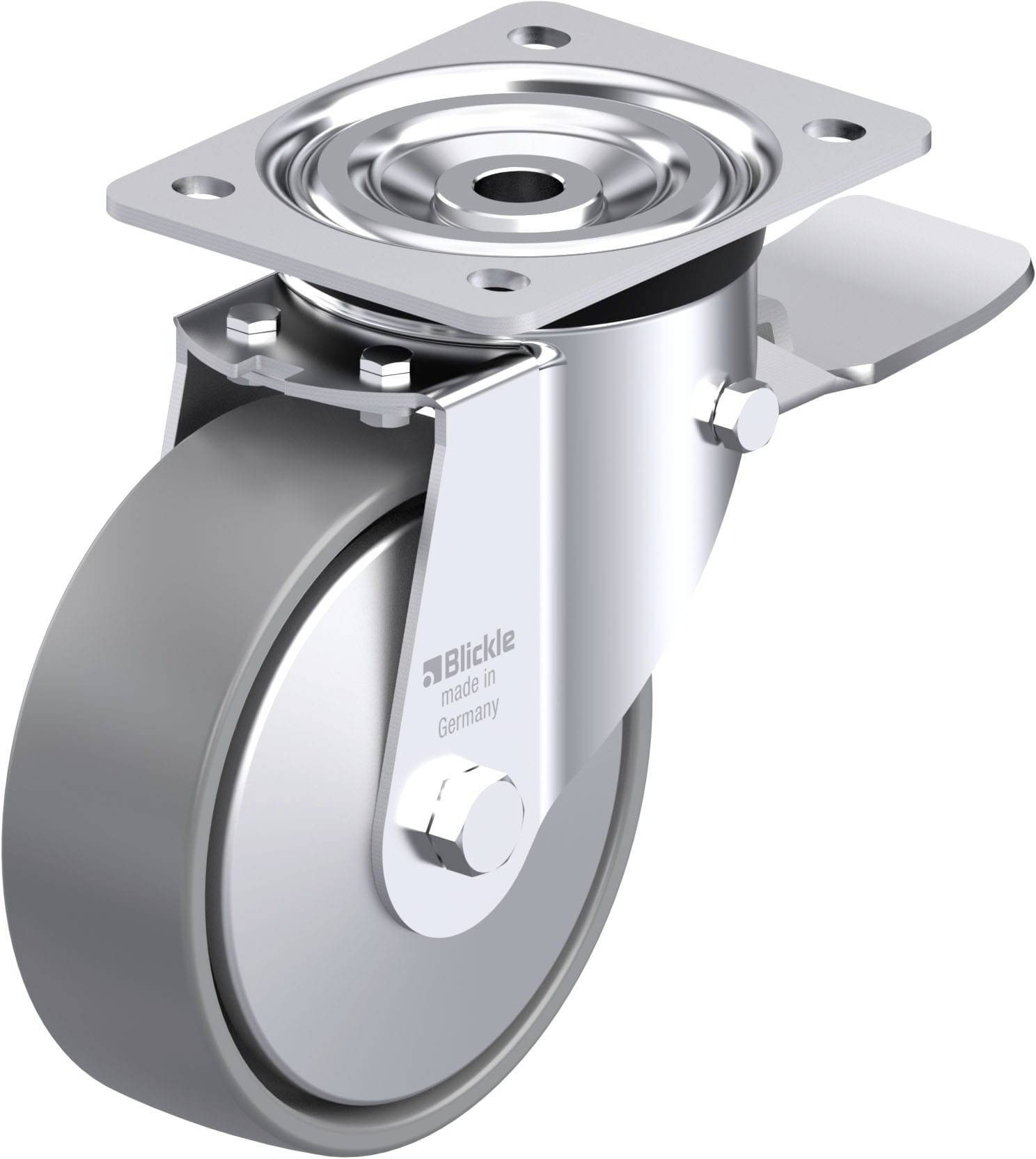 Graue, schwenkbare Rolle mit Metallgehäuse und Befestigungsplatte, ideal für industrielle Anwendungen.