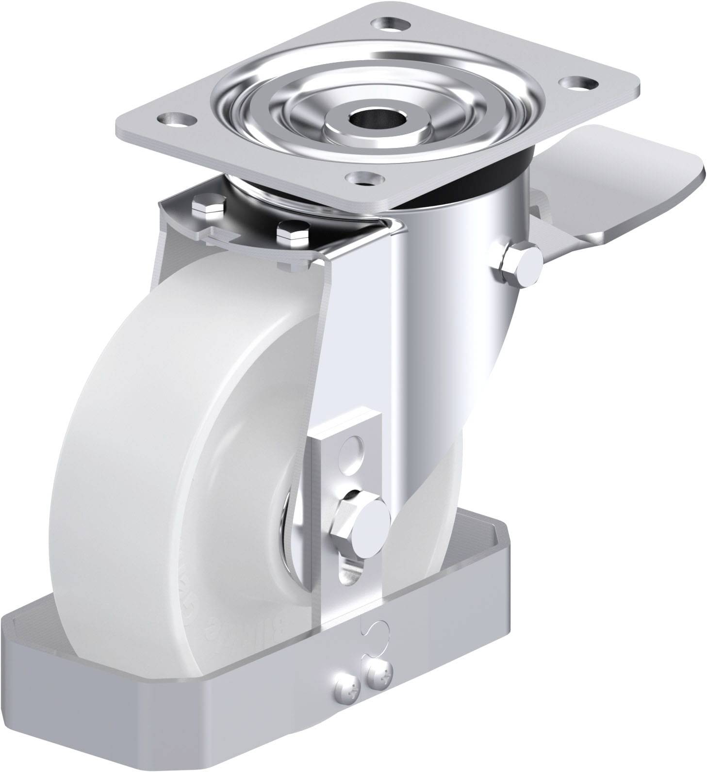 Metallene Radrolle mit festem Halter und weißem Rad, geeignet für industrielle Anwendungen und schwere Lasten.