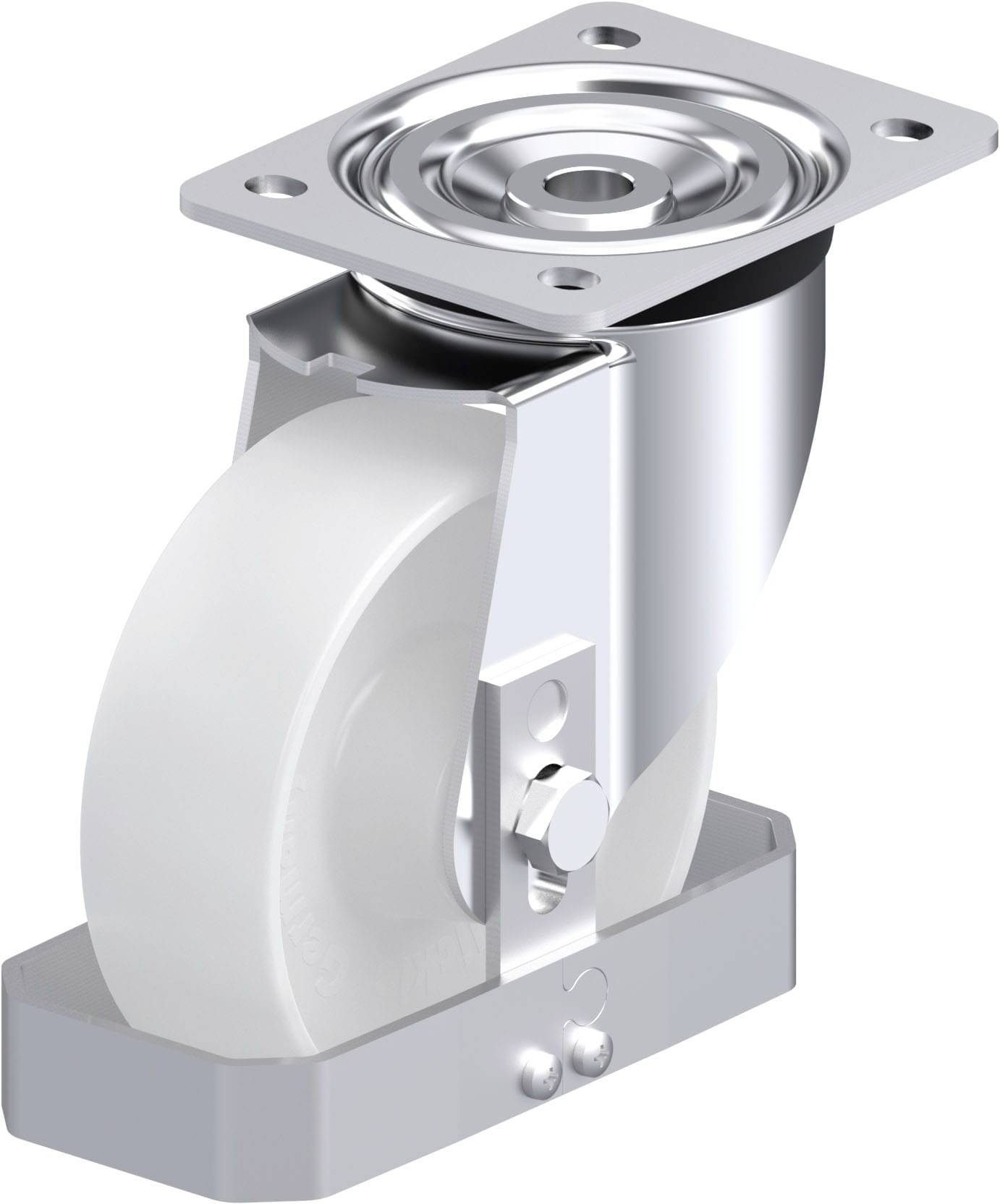 Metallisches Drehgelenk-Laufrollen-Design mit weißem Rad, geeignet für industrielle Anwendungen. Stabil, robust und drehbar.