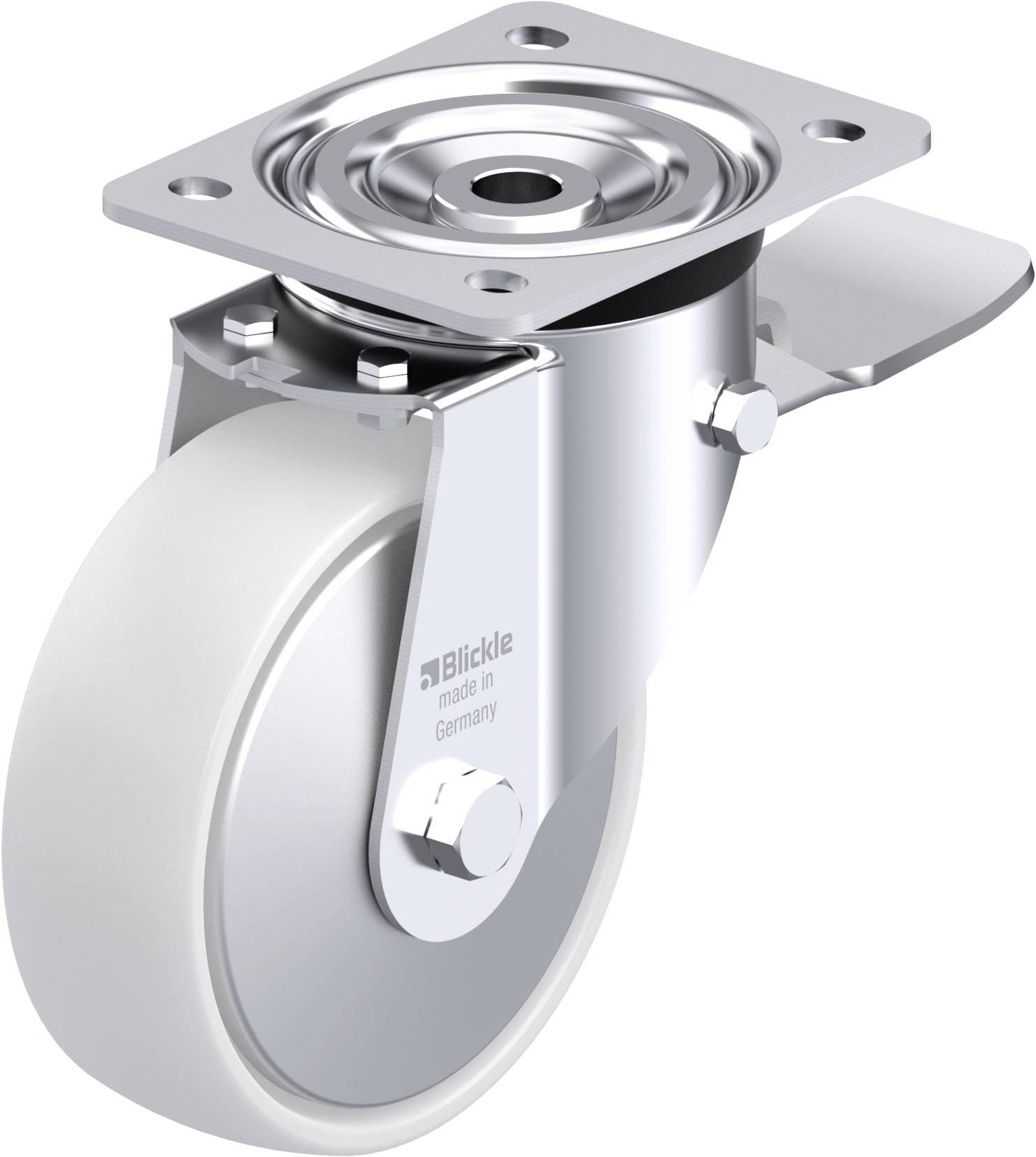 'Drehbares Lenkrollenrad aus Metall mit grauem Gummibezug, geeignet für industrielle Anwendungen. Markiert mit 