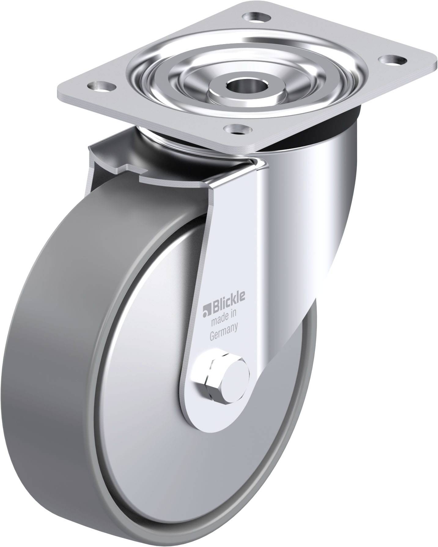 Schwenkrolle aus Metall mit grauem Rad und Befestigungsplatte, optimiert für Schwerlastanwendungen.
