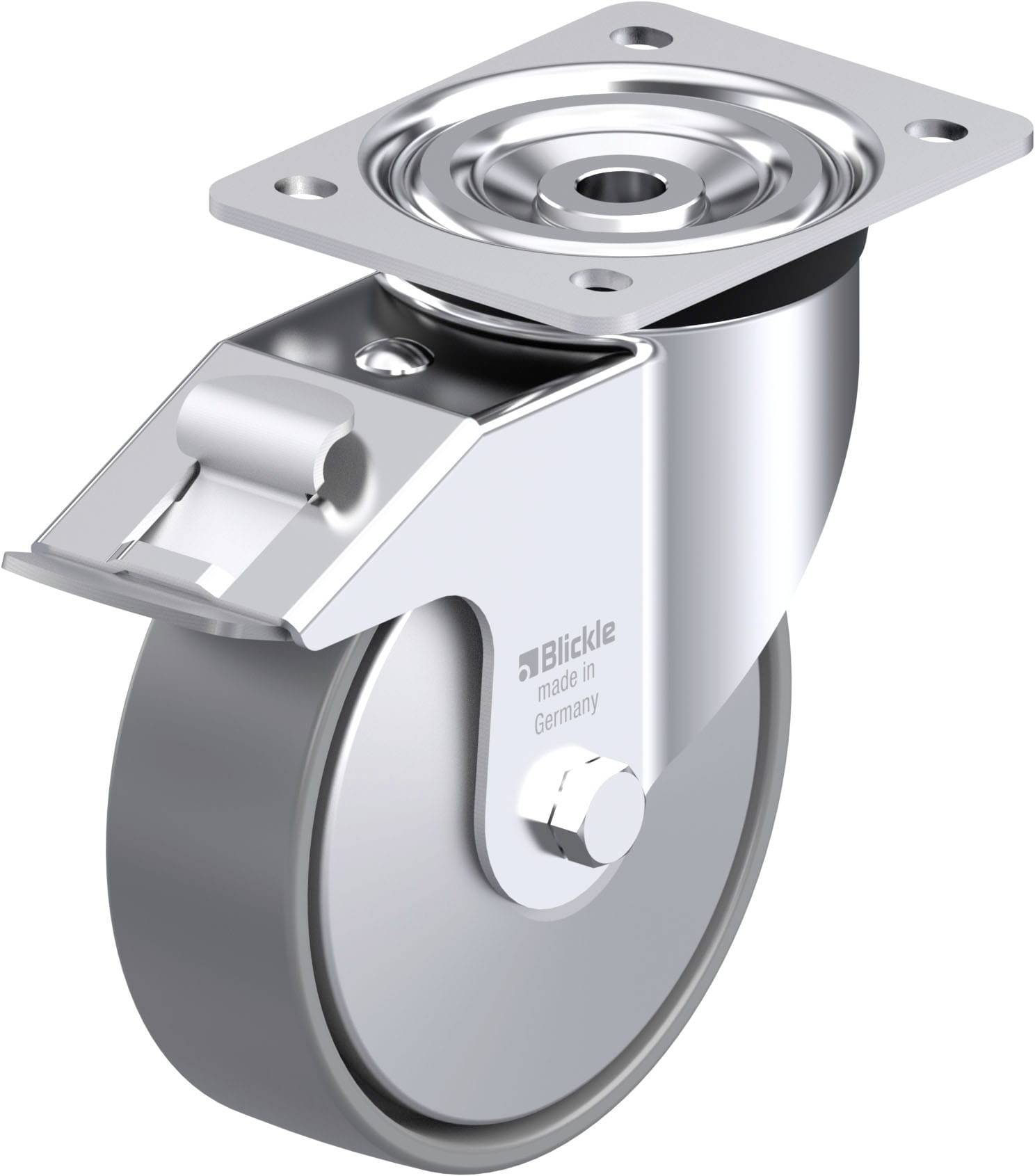 Metallrolle mit einem robusten Gehäuse und einem drehbaren Befestigungselement, geeignet für den Einsatz in Industrieumgebungen.