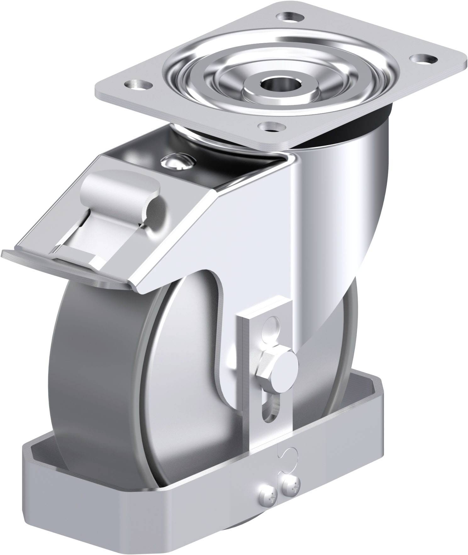 Industrie-Schwenkrolle aus Metall mit Halterung und integrierter Drehachse, geeignet für schwere Lasten und vielseitige Einsatzbereiche.