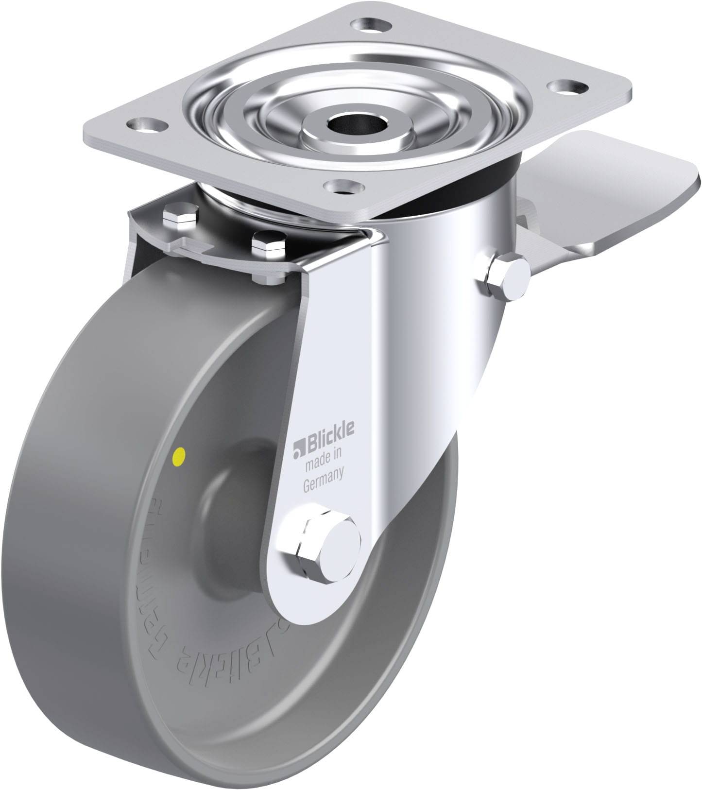 Ein silbernes Lenkrollenrad mit grauem Gummi, Radhalterung aus Metall, Markenaufdruck 'Blickle, Made in Germany'.