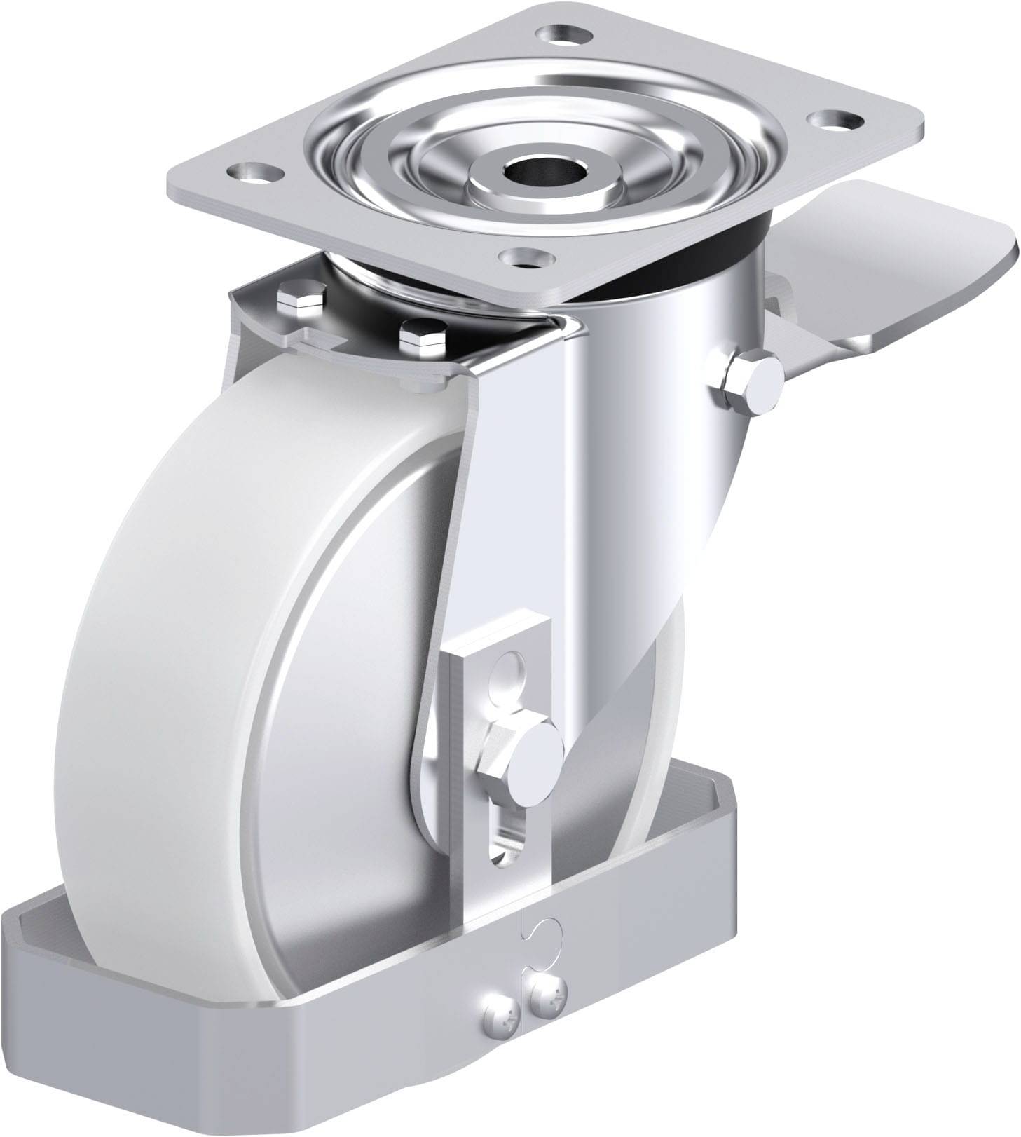 Ein drehbares Industrie-Rad aus Metall und Kunststoff, geeignet für schwere Lasten, mit verschraubbarer Platte zur Befestigung.