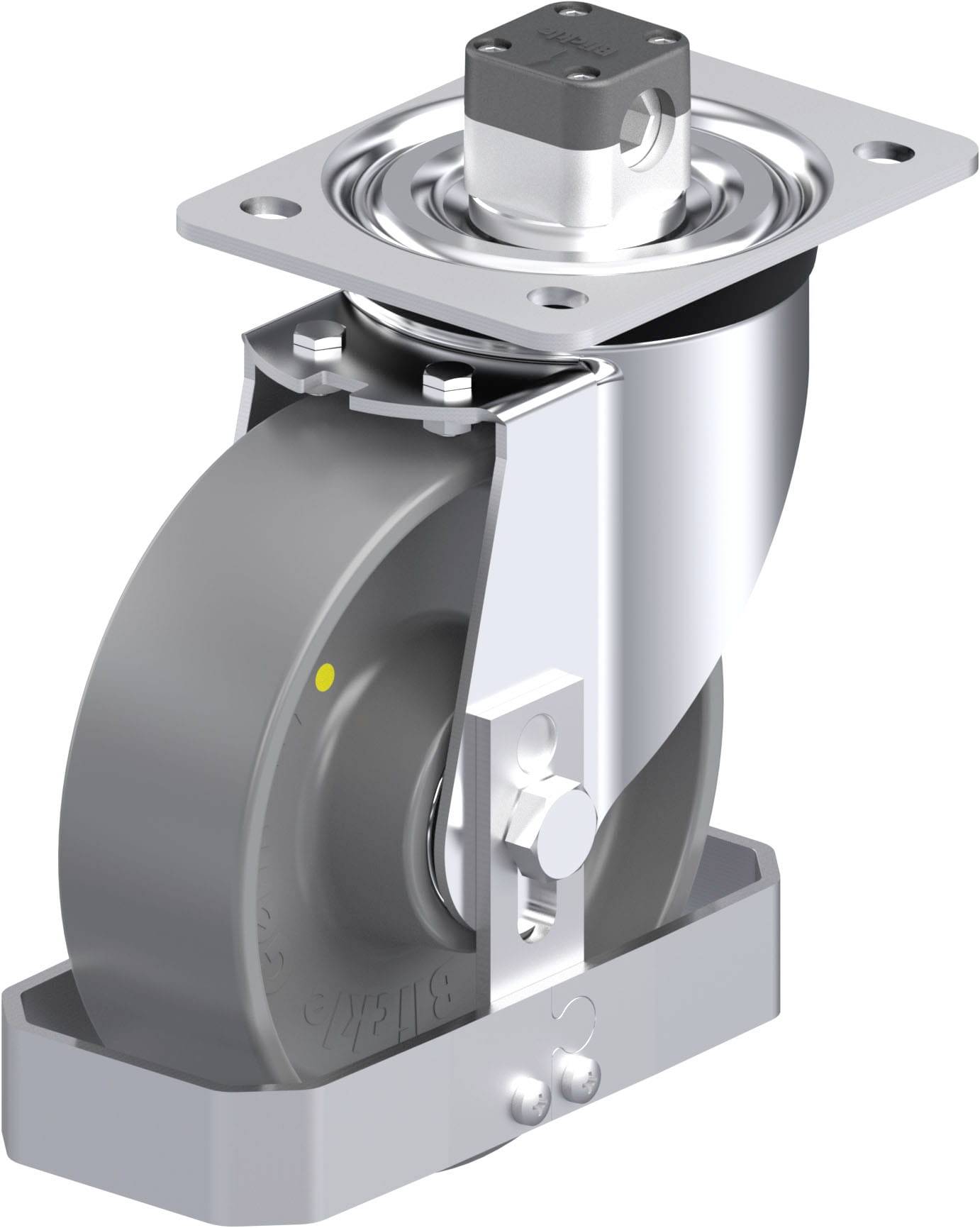 Ein drehbares Rollrad aus Metall und Kunststoff mit einer robusten Halterung. Geeignet zum einfachen Bewegen schwerer Lasten.