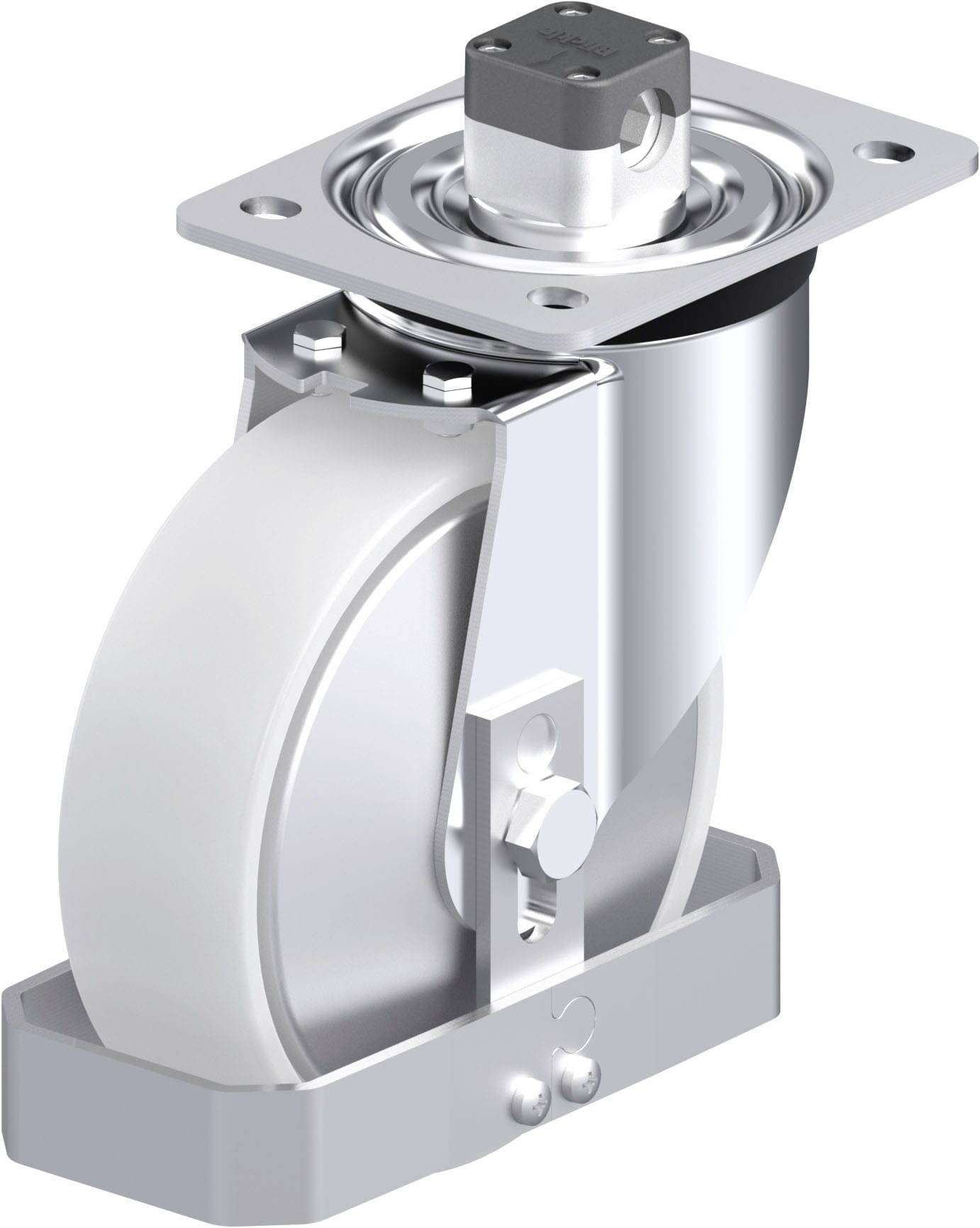 Metallisches Lenkrolle mit weißem Rad und rechteckiger Montageplatte, geeignet für industrielle Anwendungen.