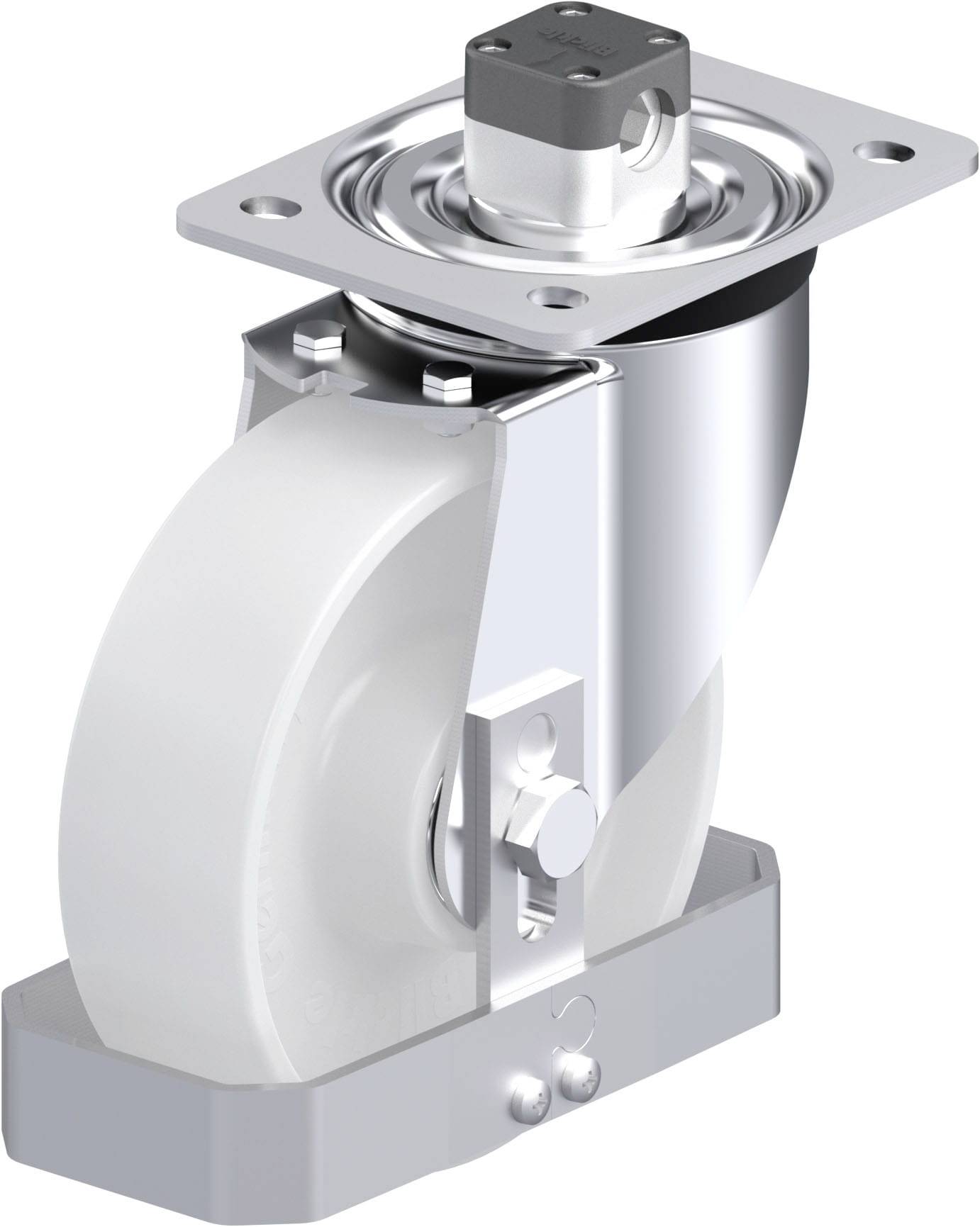 Industriewagenrolle mit Metallhalterung und weißem Rad, montierbar zur Verwendung an mobilen Geräten oder Möbeln.