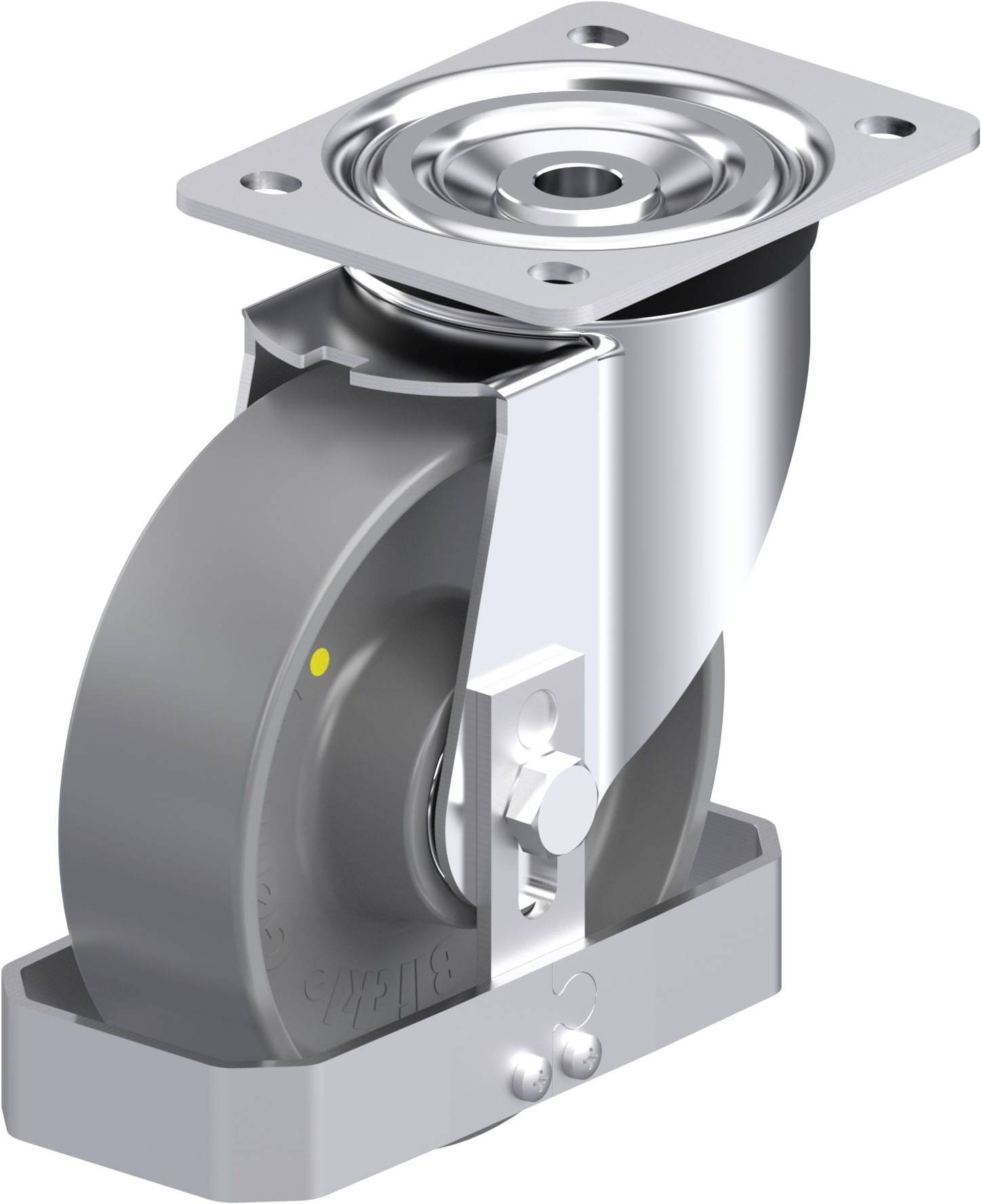 Graue Lenkkrolle mit Metallplatte oben, geeignet für Möbel oder Transportwagen.