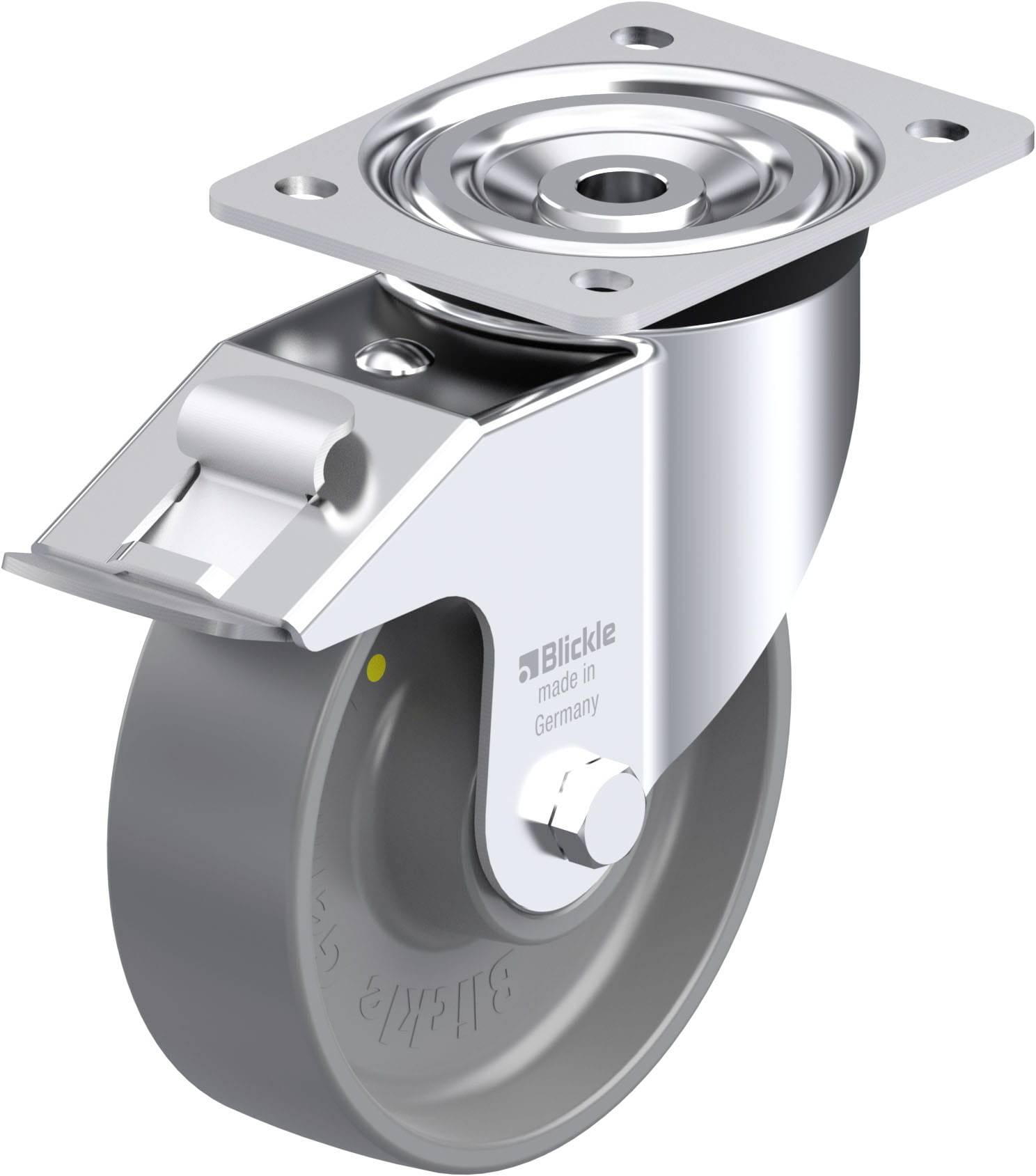 Graue Lenkrolle mit Metallgehäuse und Befestigungsplatte, geeignet für schwere Lasten. Aufdruck 'Blickle made in Germany'.