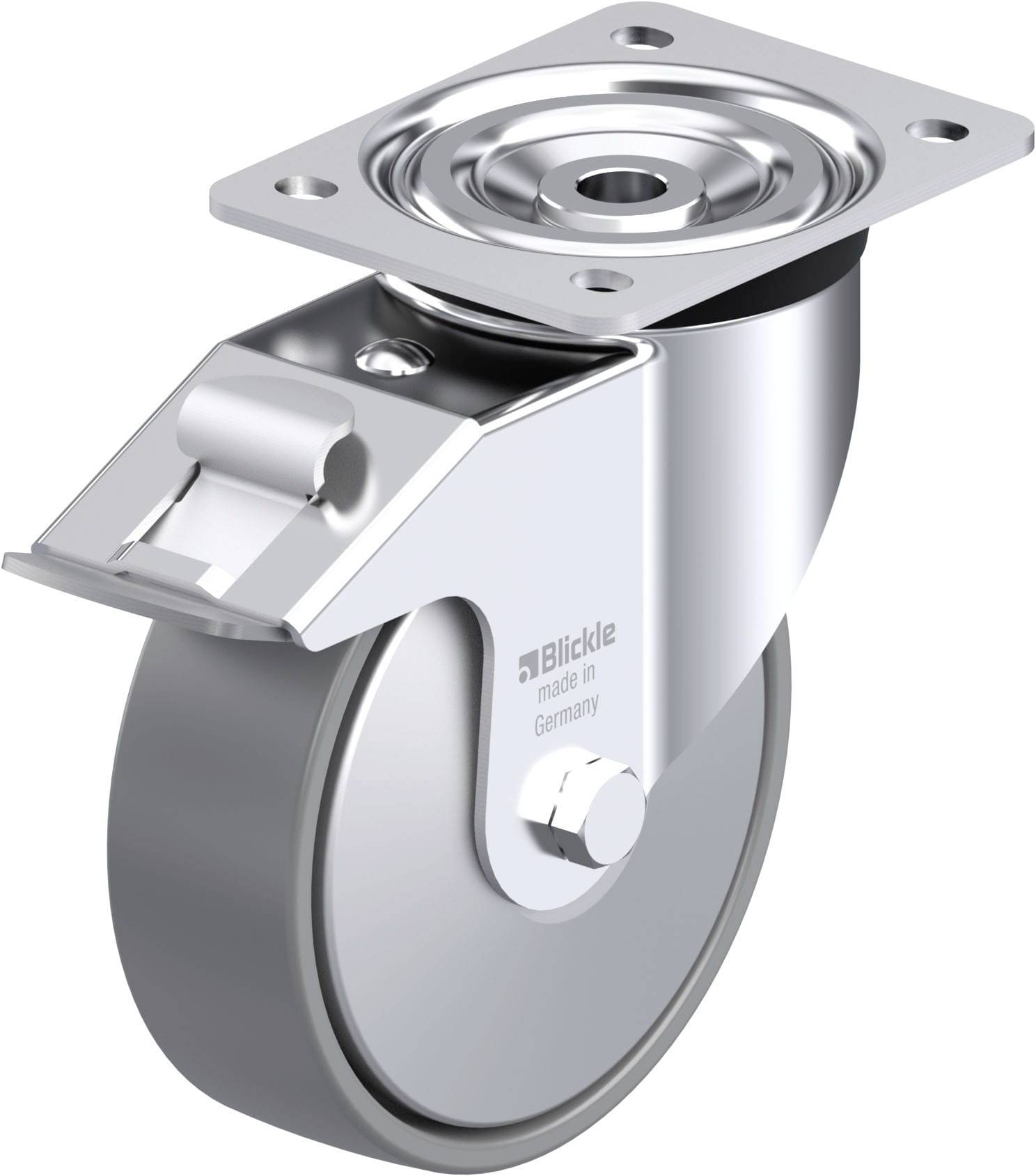 Schwenkrolle aus Metall mit Montageplatte und integriertem Bremssystem, geeignet für industrielle Anwendungen. Made in Germany.