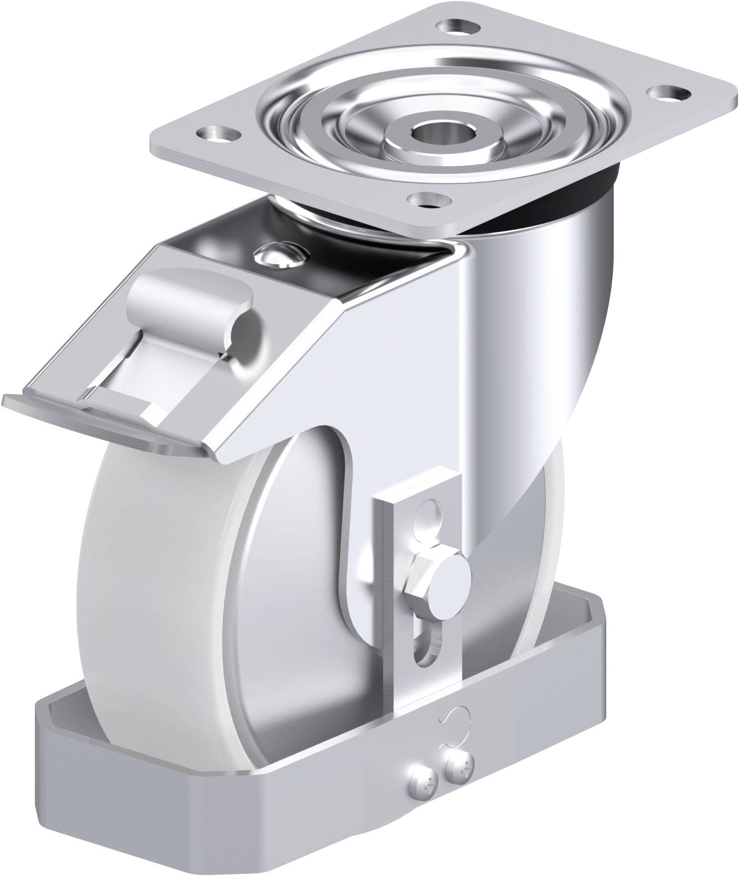 Drehbares Metallbockrad mit grauem Kunststoffrad, geeignet für Möbel oder Transportgeräte. Ideal für glatte Böden.