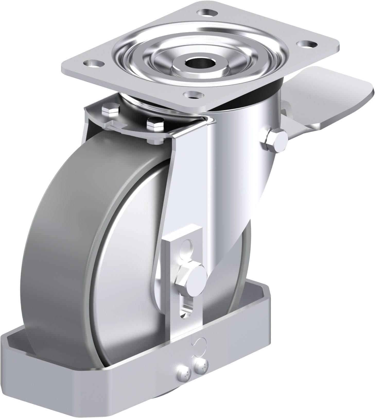 Industrie-Schwenkrolle aus Metall, seitliche Ansicht, mit Befestigungsplatte und Bremse. Ideal für schwere Lasten und industrielle Anwendungen.
