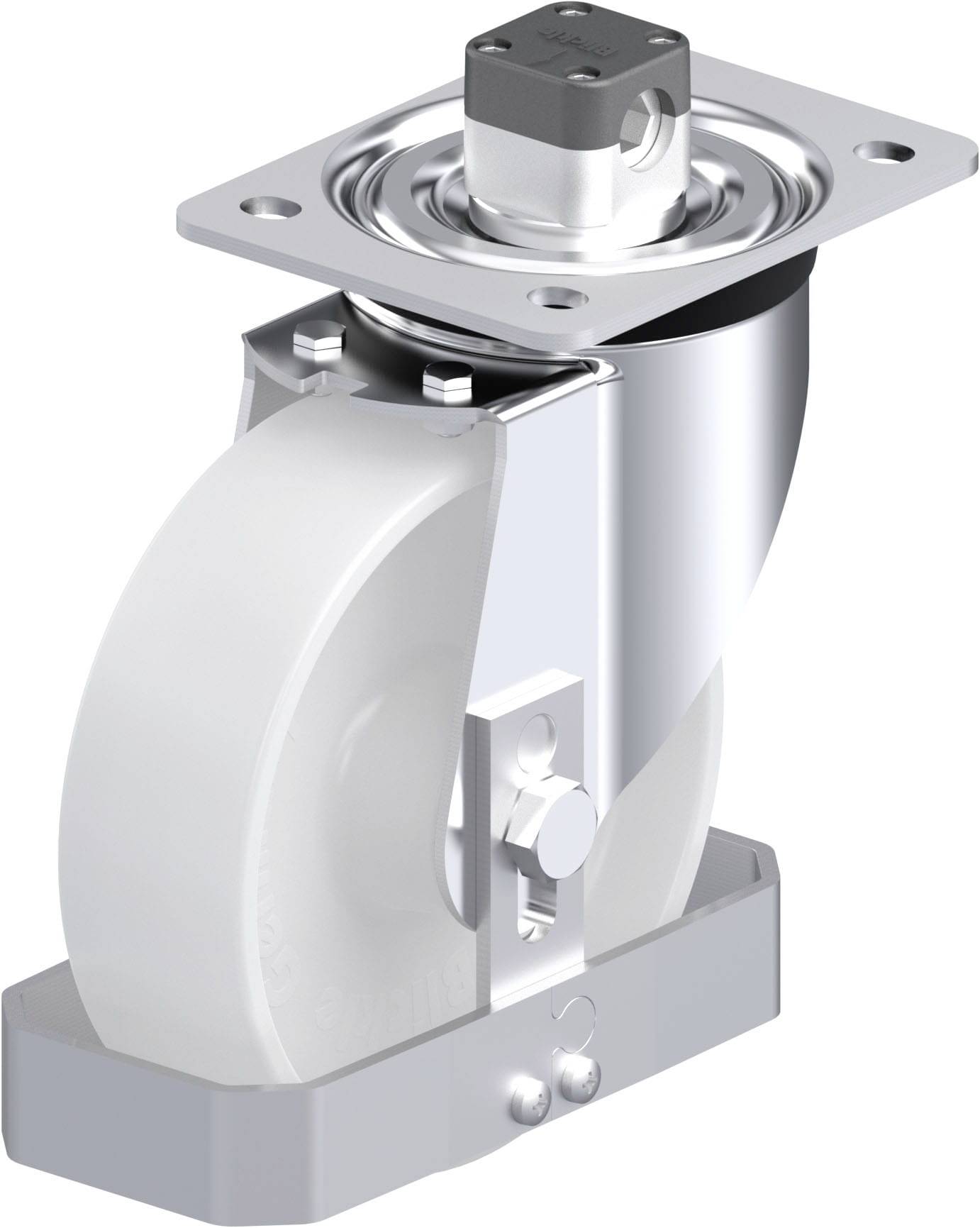 Rollenrad aus Metall und Kunststoff, verwendet für Möbel oder Transportgeräte, zeigt Standardgelenk zur Richtungsänderung.