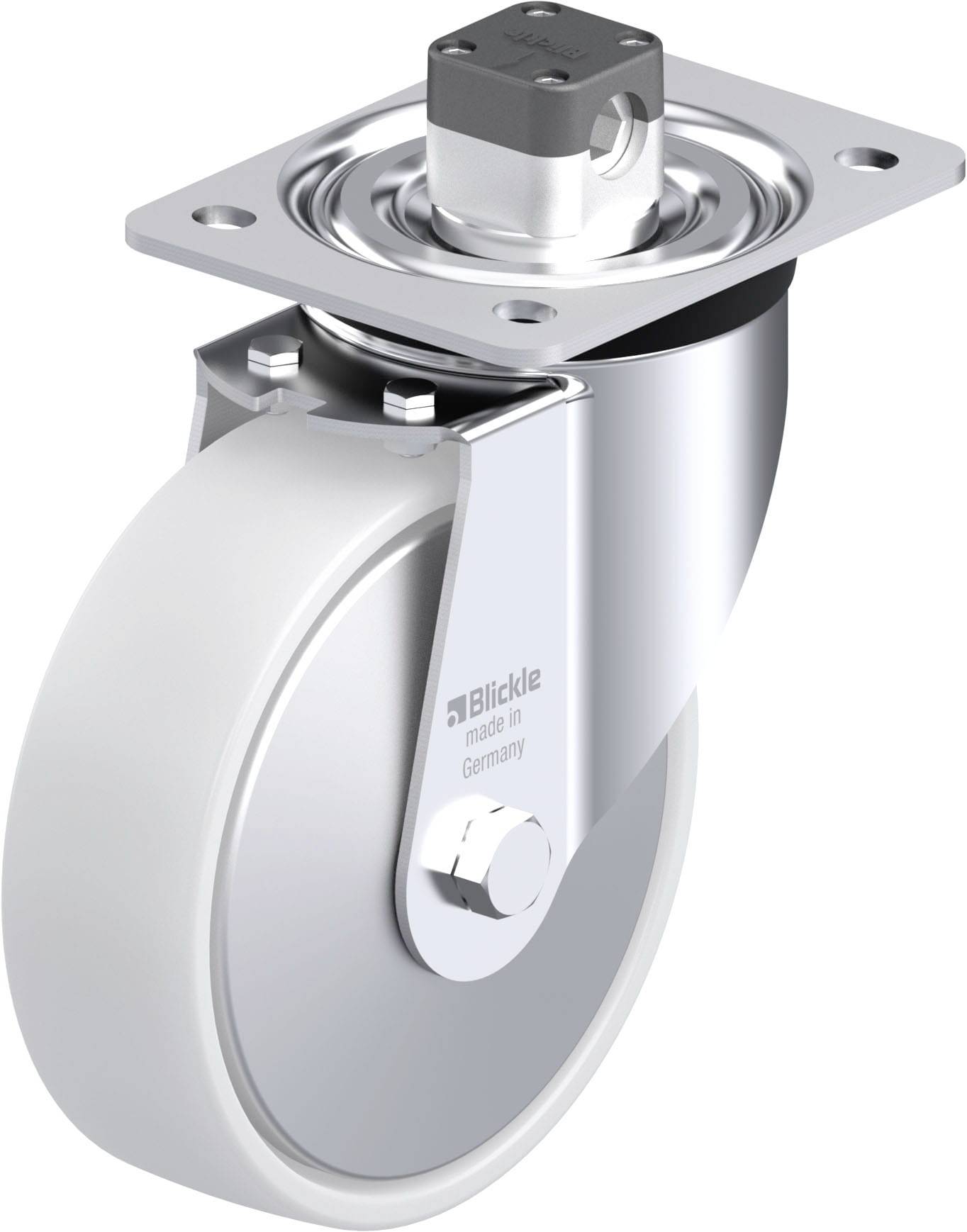 Industrie-Lenkrolle aus Metall mit weißem Rad, Befestigungsplatte und Kugellager, geeignet für schwere Lasten.