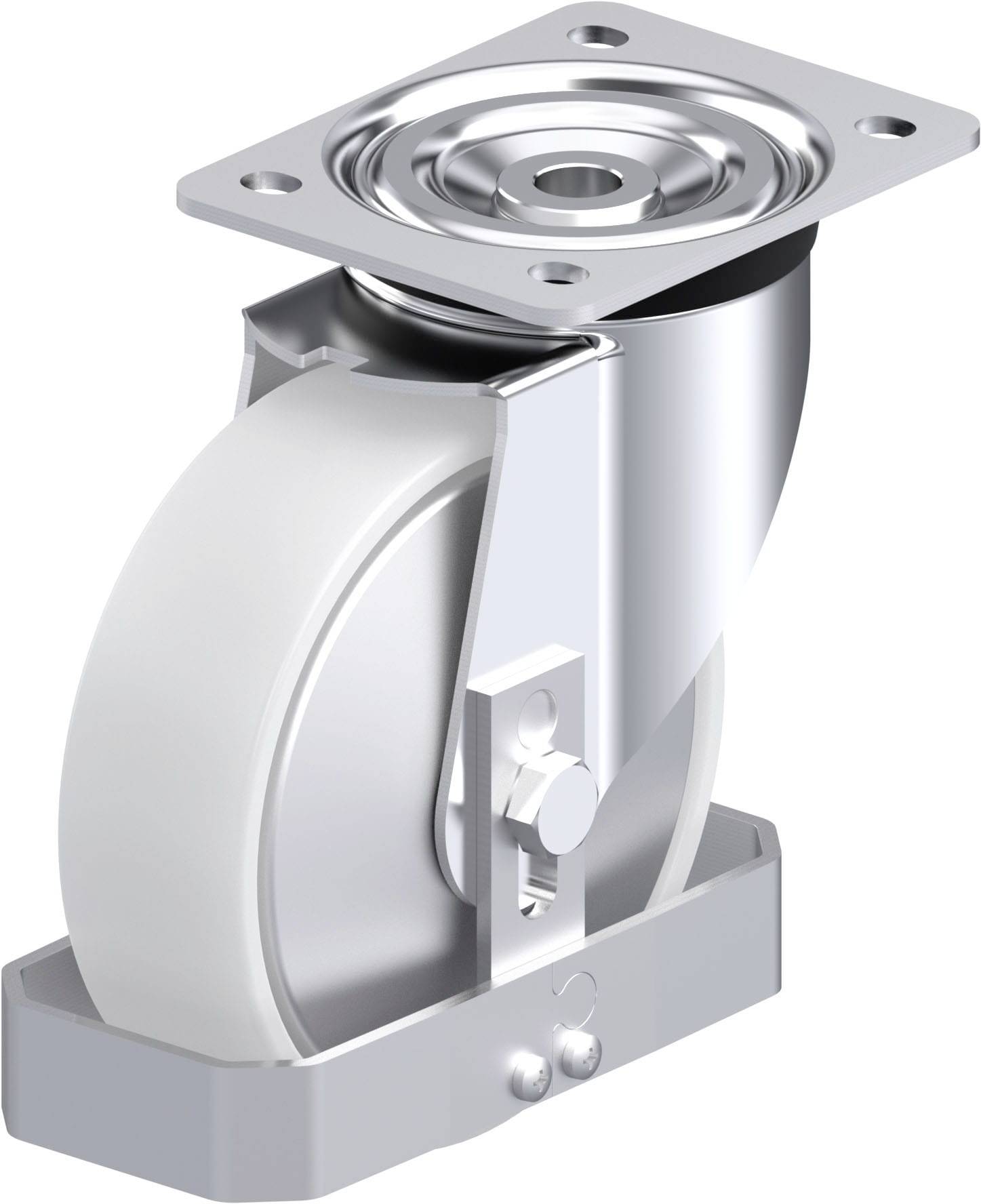 Schwenkrolle mit weißem Rad und metallener Halterung, geeignet für industrielle Anwendungen oder Möbelbewegungen.