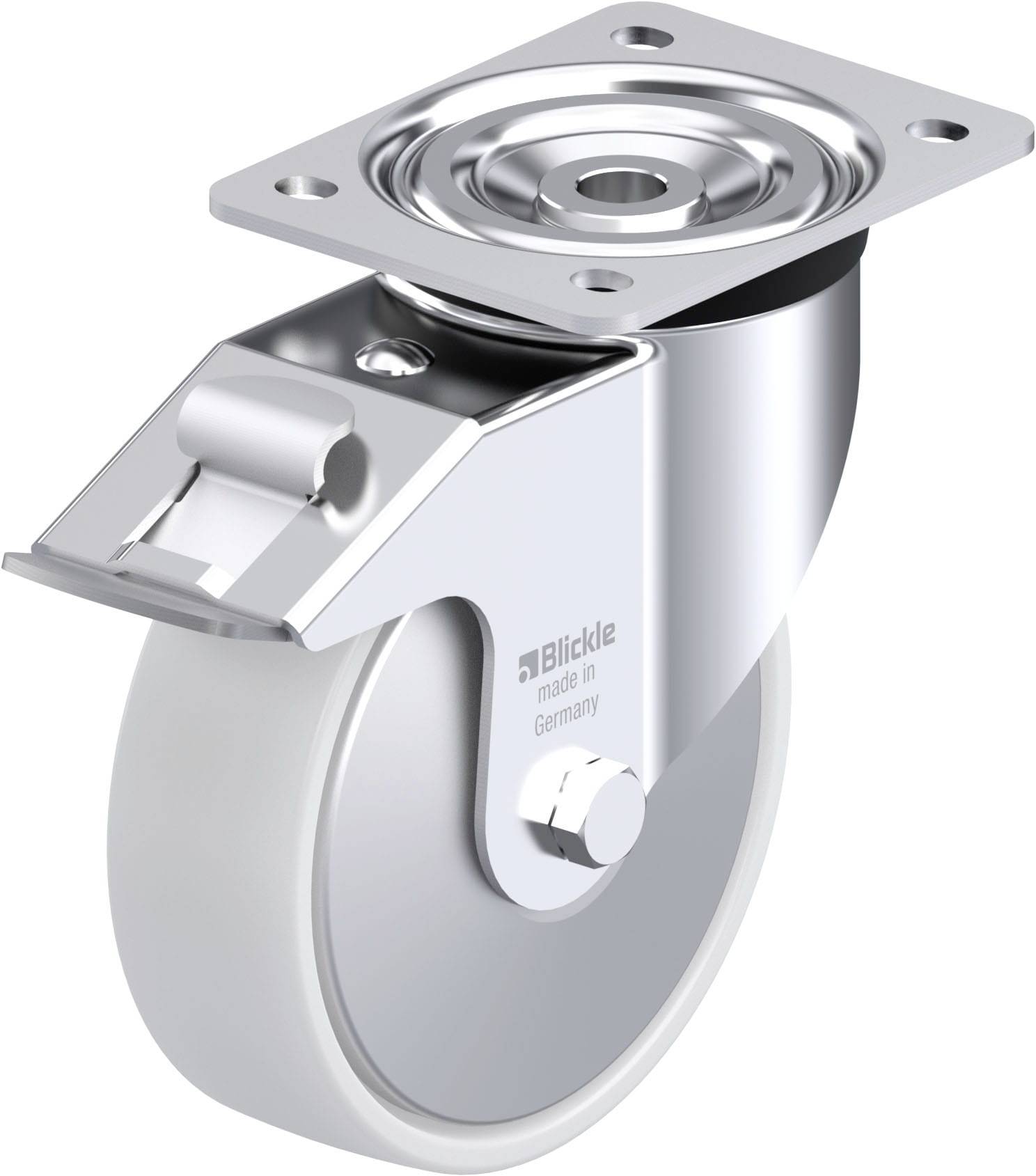 Metallisches Laufrollenrad mit robustem Gehäuse und Montageplatte. Geeignet für industrielle Anwendungen oder Transportgeräte.