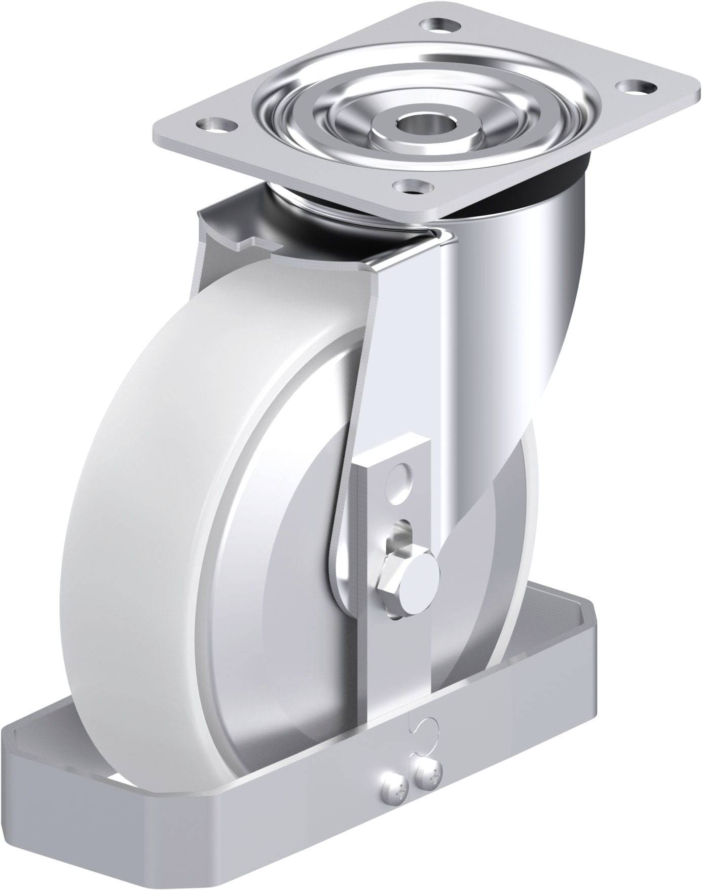 Industrielle Lenkrolle mit weißem Rad und Metallrahmen, geeignet für schwere Lasten und vielseitige Manövrierbarkeit.