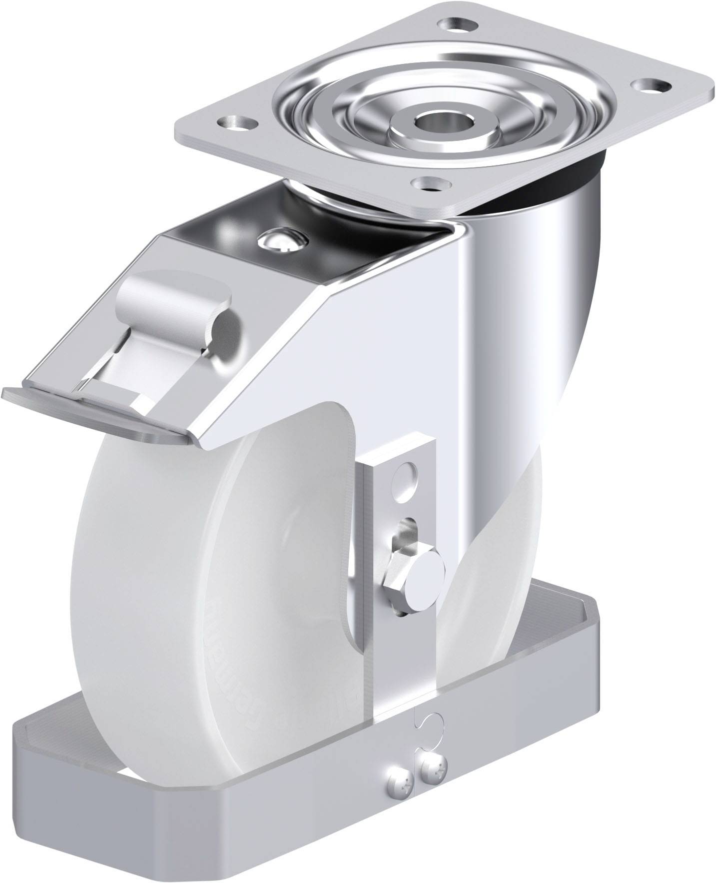 Ein silbernes, drehbares Rad mit weißem Gummi auf Metallhalterung. Verwendet für Möbel oder Geräte für einfache Bewegung.