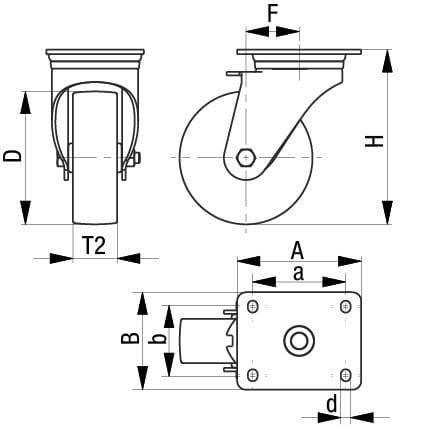 Technische Zeichnung eines Lenkrollenrads mit Maßen: D, H, T2, F, a, b, A, d. Oben Seitenansicht, unten Draufsicht.
