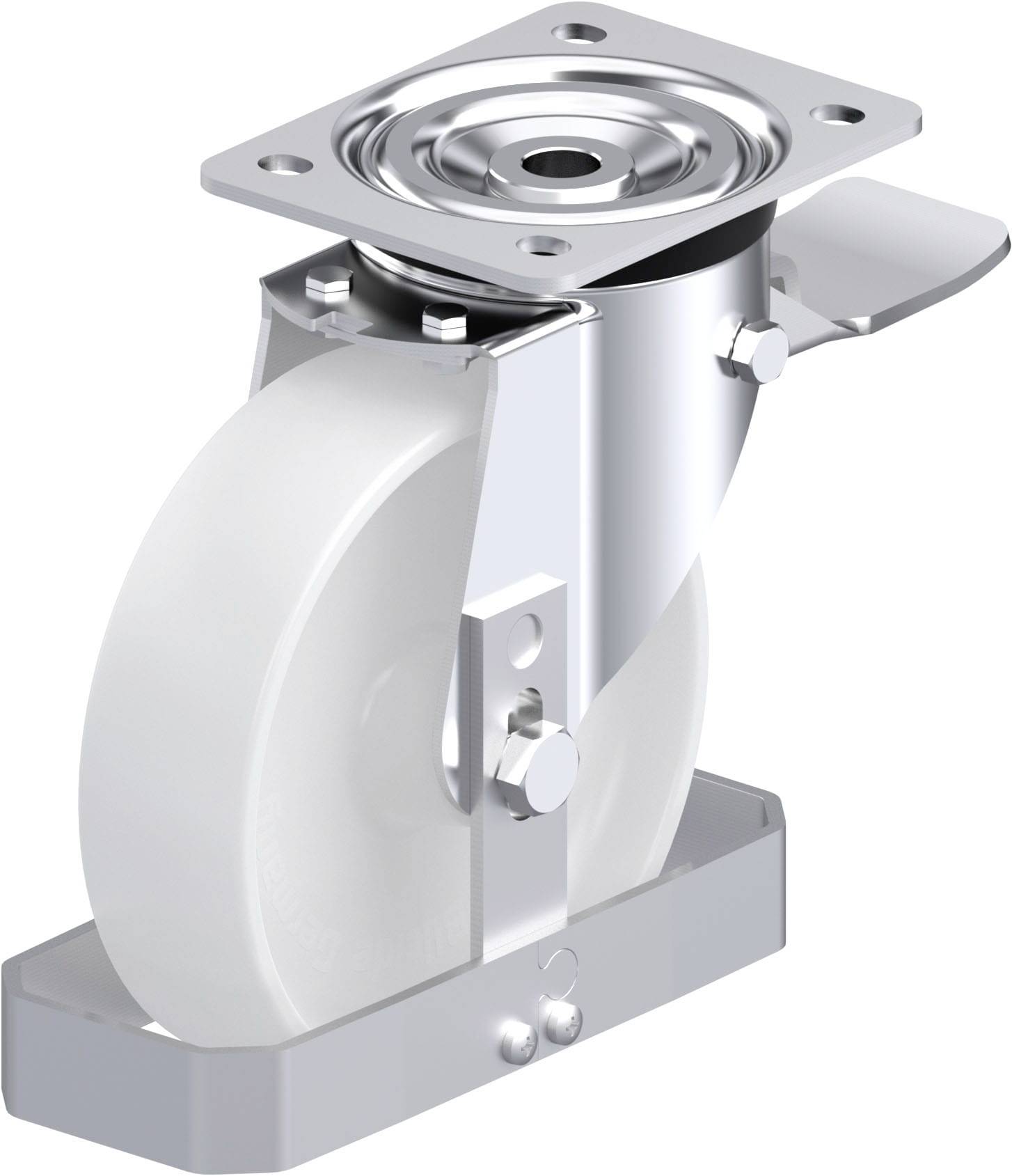 Schwenkrolle mit Metallhalterung und weißem Rad, geeignet für Transportwagen und Industrieanwendungen.