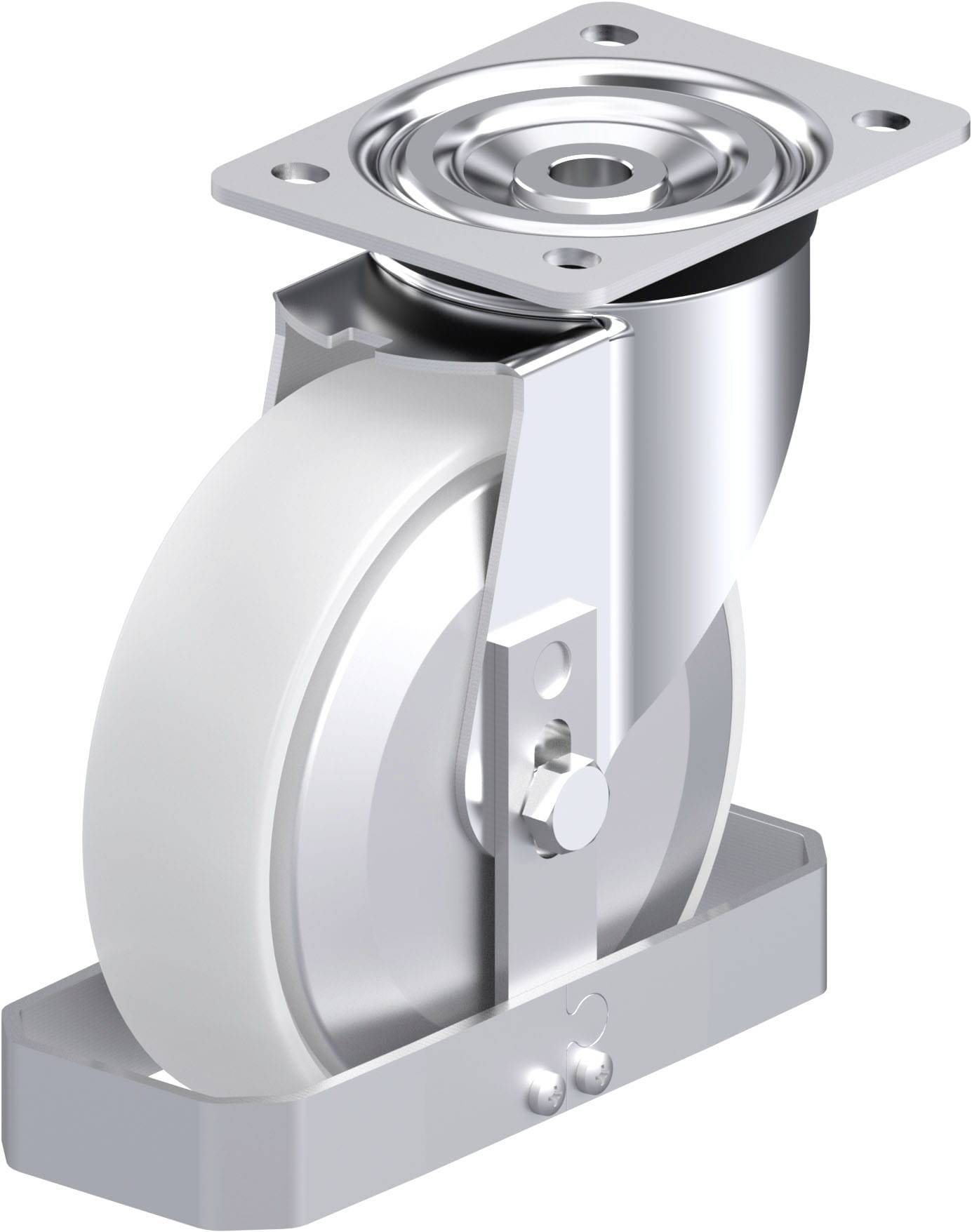 Schwenkrolle aus Metall mit weißem Rad und Befestigungsplatte oben. Sie dient zur Befestigung und Bewegung von Geräten oder Möbeln.