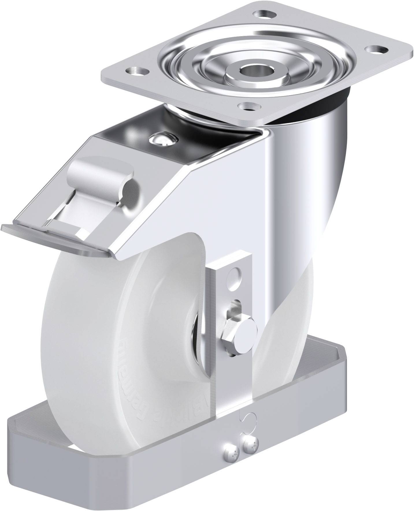 Industrierolle mit Metallgehäuse und weißem Rad. Stabile Befestigungsplatte oben zur Montageanbringung.