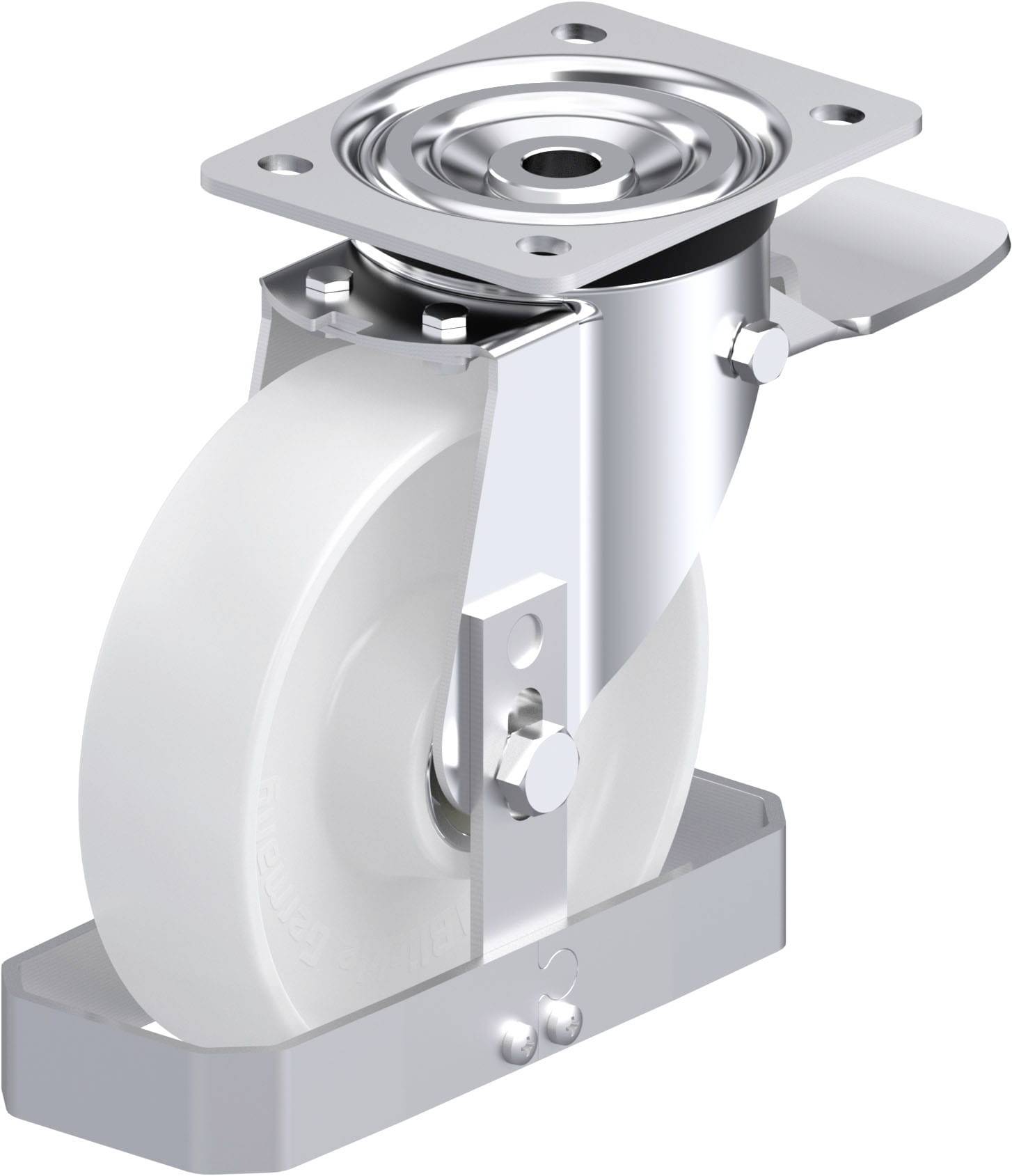 Metallrolle mit weißem Rad, geeignet für Möbel oder Geräte. Sie hat eine flache Befestigungsplatte und wirkt stabil und robust.
