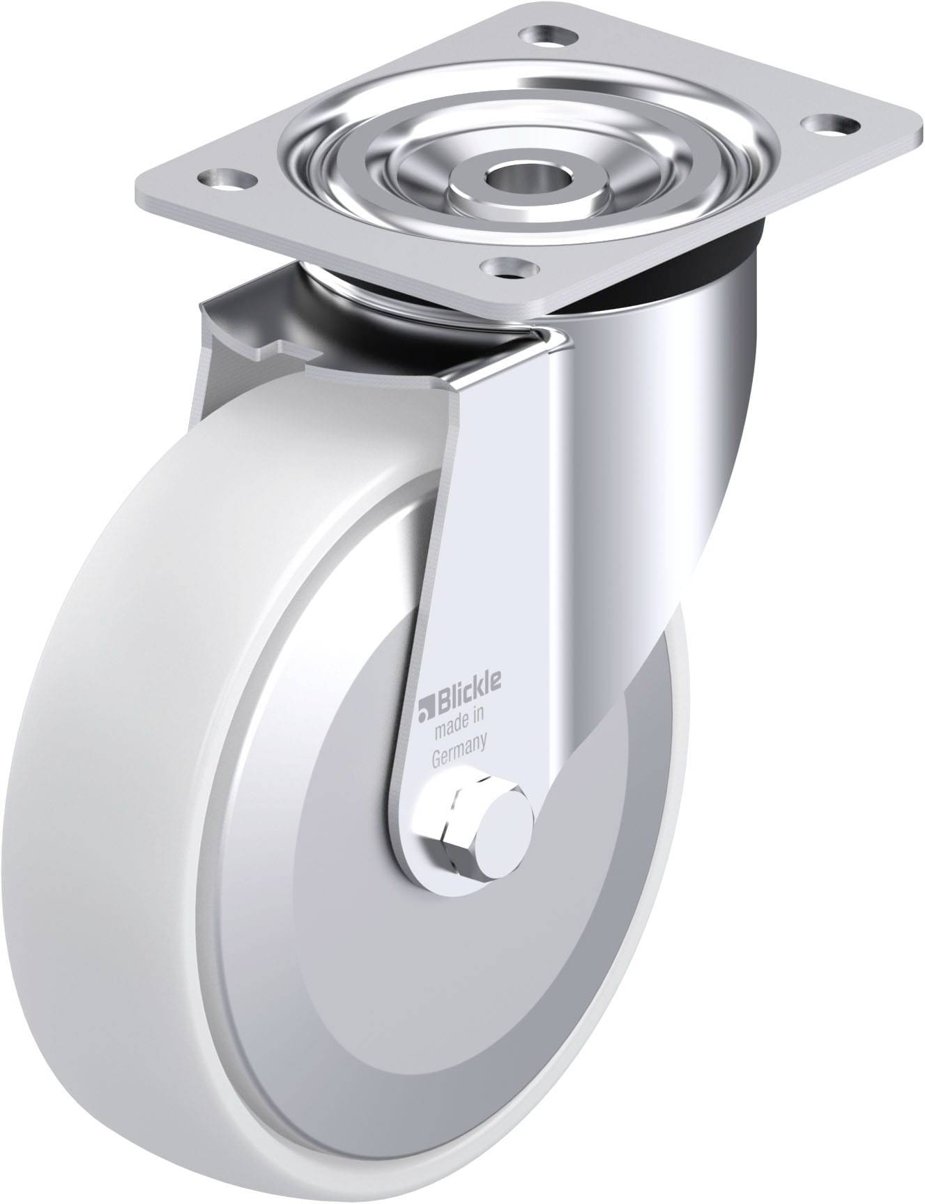 Industrie-Lenkrolle aus Metall und Kunststoff mit Befestigungsplatte, für Transport- und Bewegungsanwendungen.