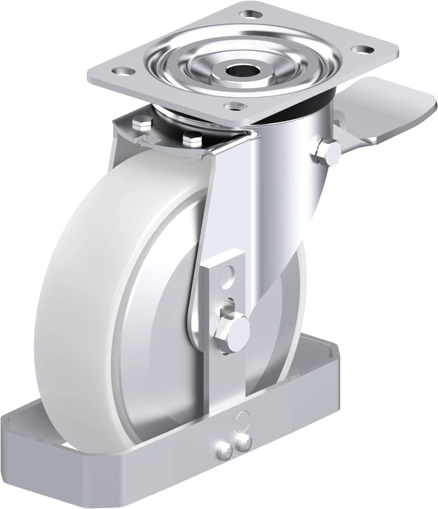 Metallisches Schwenkrollensystem mit weißem Rad und Befestigungsplatte, geeignet für schwere Lasten in industriellen Anwendungen.