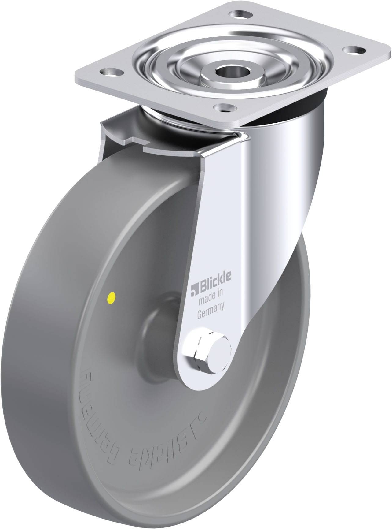 Graue Lenkrolle mit Metallgehäuse und drehbarer Befestigungsplatte, geeignet für industrielle Anwendungen. Hergestellt in Deutschland.