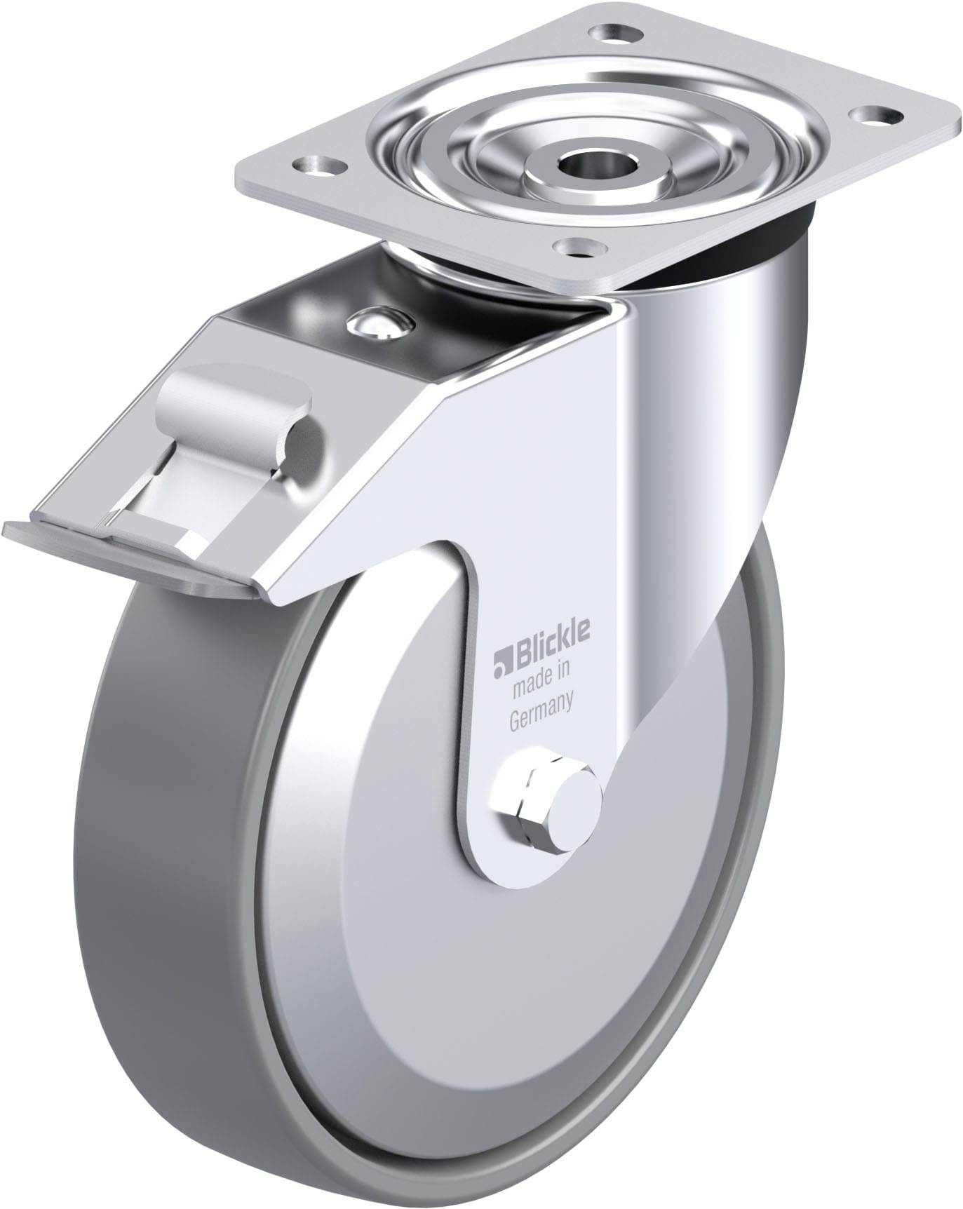 Schwenkrolle aus Metall mit grauer Kunststofflauffläche, Halterung und Kugellager, hergestellt in Deutschland.