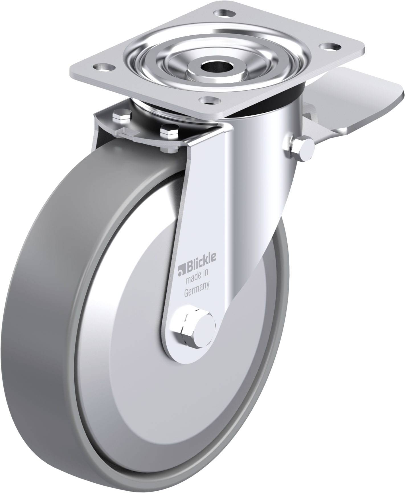 Graues Laufrollenrad mit Metallhalterung, geeignet für industrielle Anwendungen, mit sichtbarer Befestigungsplatte zur Montage.