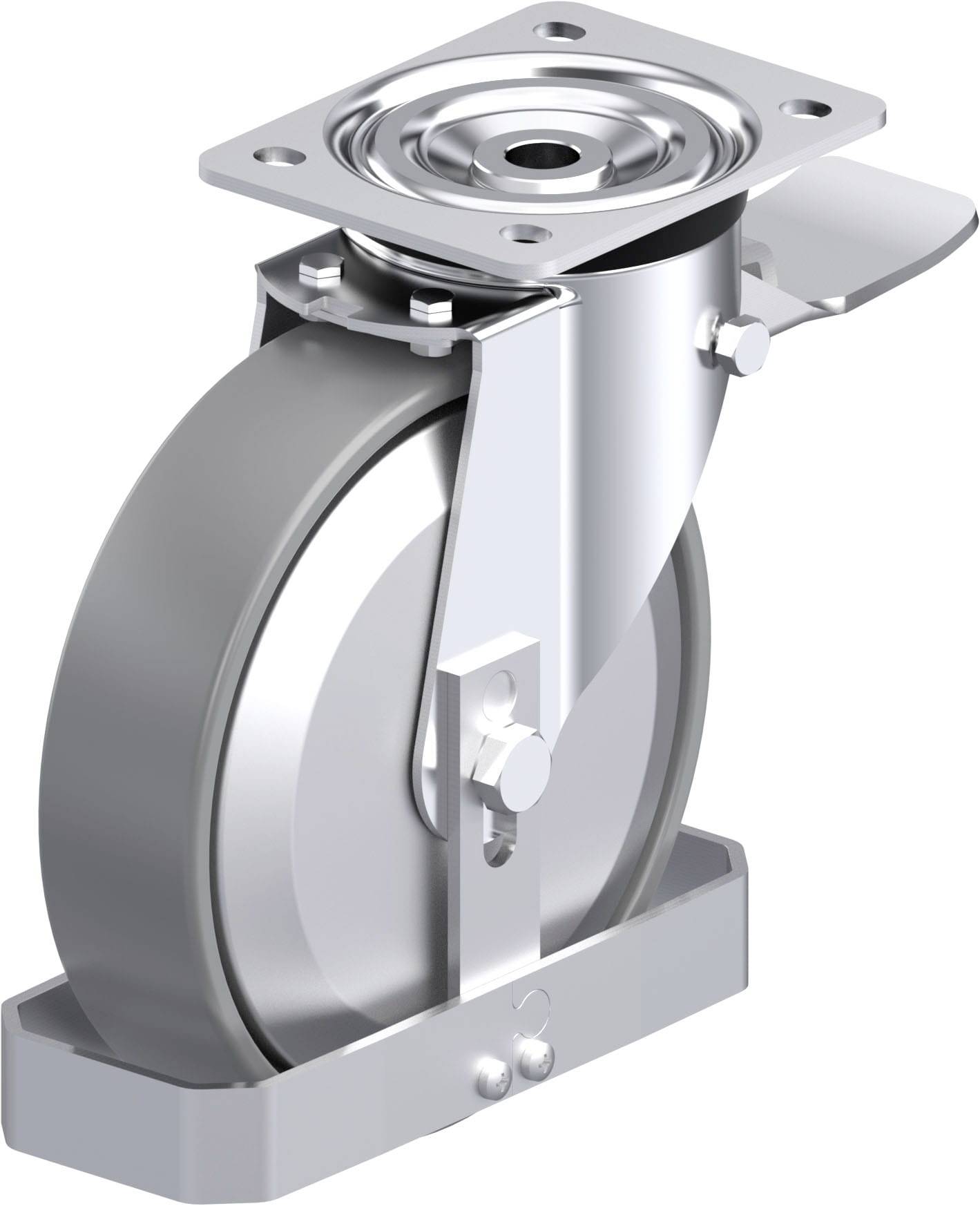 Industrielles Lenkrad mit Metallgehäuse, erlaubt Drehung um die eigene Achse; geeignet für schwere Lasten und Anlagenmobilität.