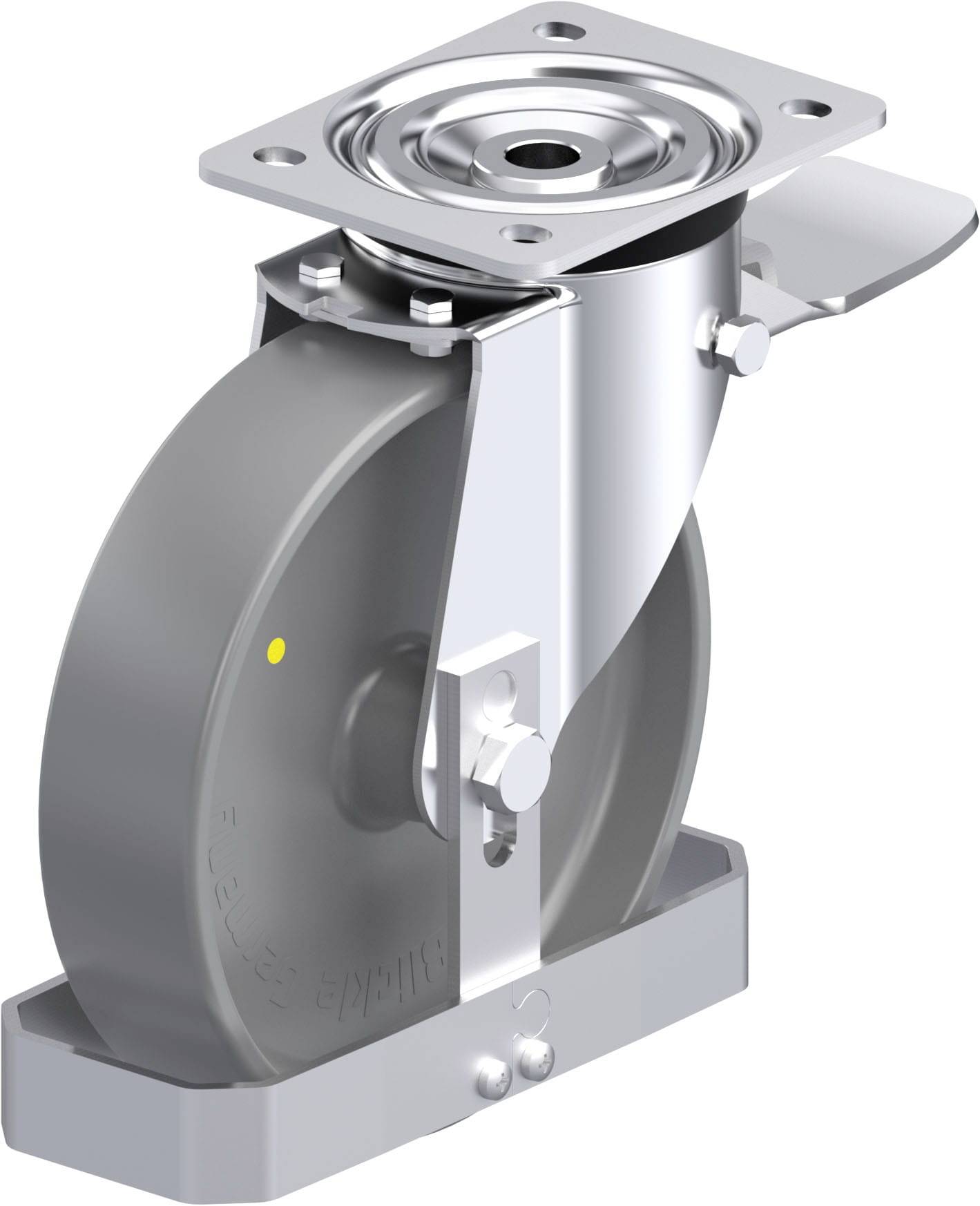 Graues Schwerlastschwenkrad mit silberner Metallhalterung und Drehgelenk, geeignet für industrielle Anwendungen.
