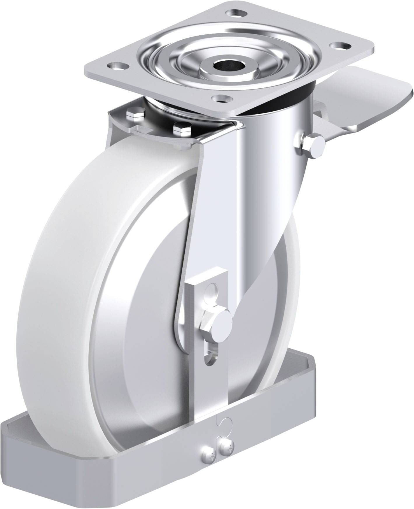 Schwenkrolle mit Metallgehäuse und weißem Rad, geeignet für schwere Lasten. Die Rolle hat eine Befestigungsplatte oben.