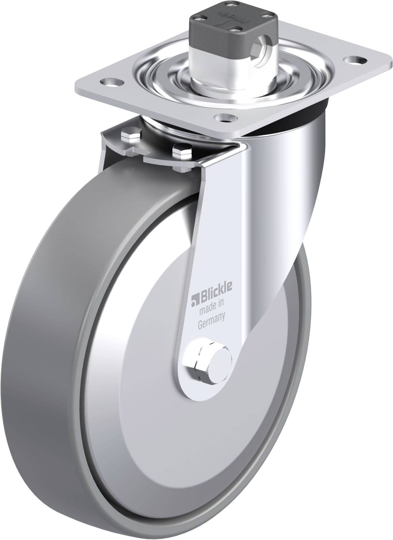 Metallisches Rollenrad mit grauem Gummi, Metallhalterung und drehbarem Gehäuse. Aufschrift 'Blickle made in Germany'.