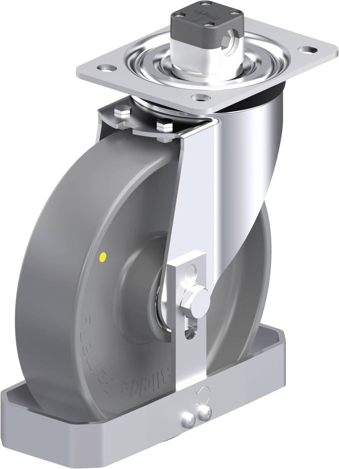 Graues, robustes Schwenkrad mit Metallhalterung, geeignet für schwere Lasten. Ideal für industrielle Anwendungen oder Transportwagen.