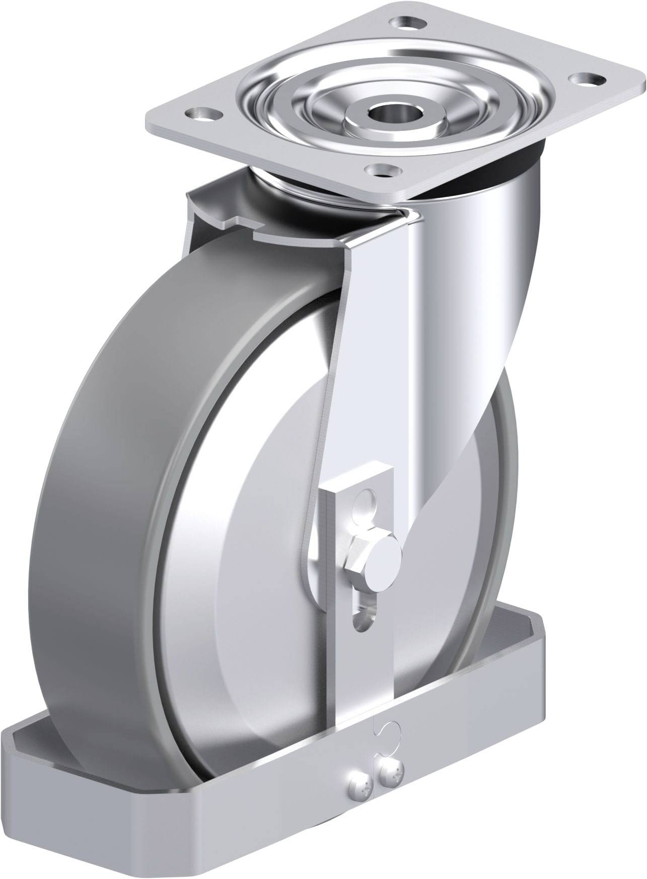 Graue Schwerlastrolle mit Metallrahmen und drehbarem Lager, geeignet für industrielle Anwendungen.