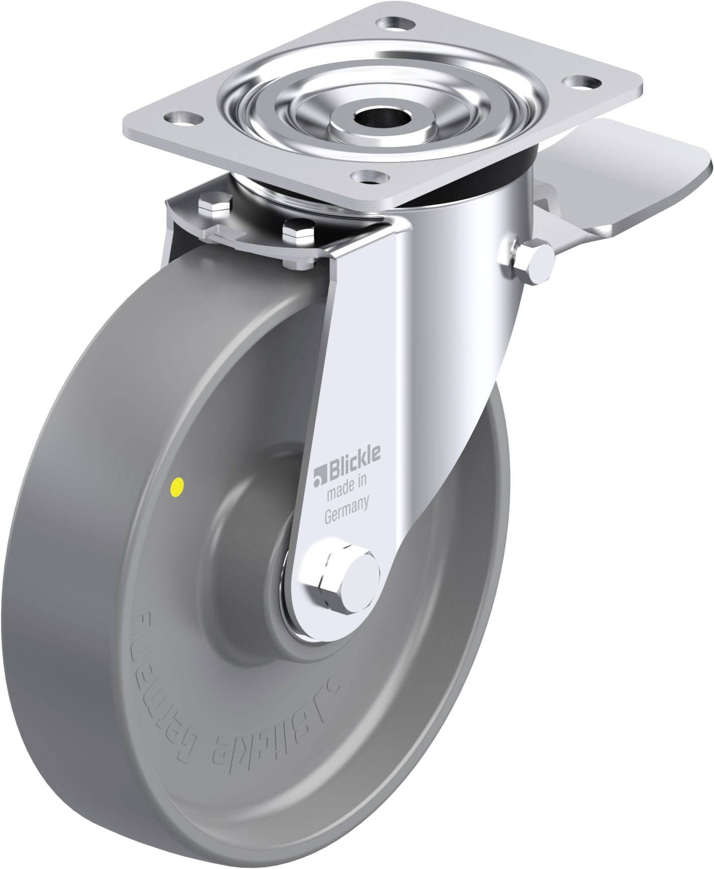 Graue Lenkrolle mit Halterung aus Metall. Deutliche Aufschrift 'made in Germany' auf der Rolle. Ideal für Transportgeräte.