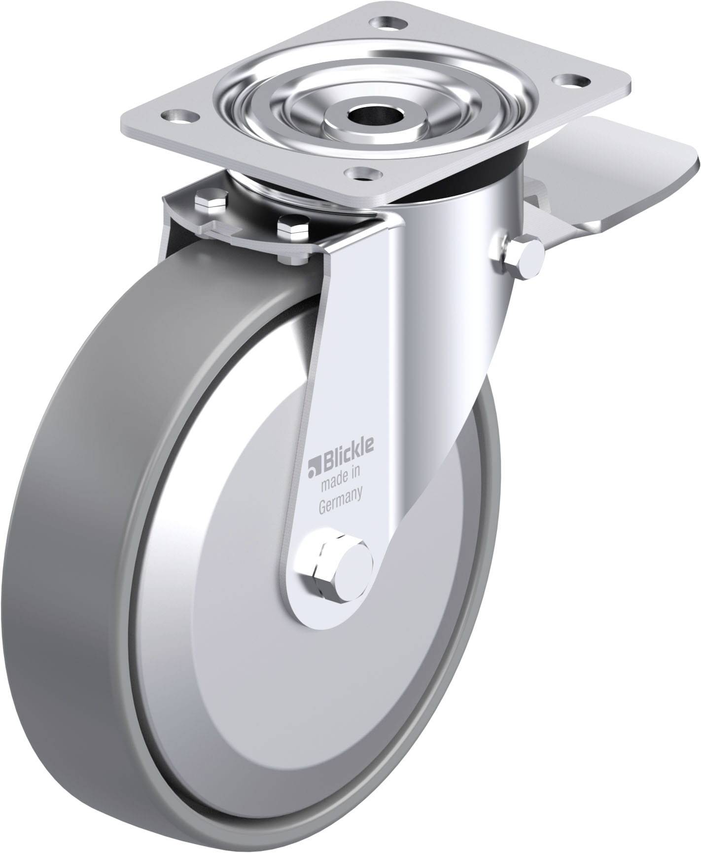Rollenrad aus Metall mit grauem Gummirad, Aufschrift 'Blickle made in Germany', zeigt stabile Konstruktion mit Montageplatte.