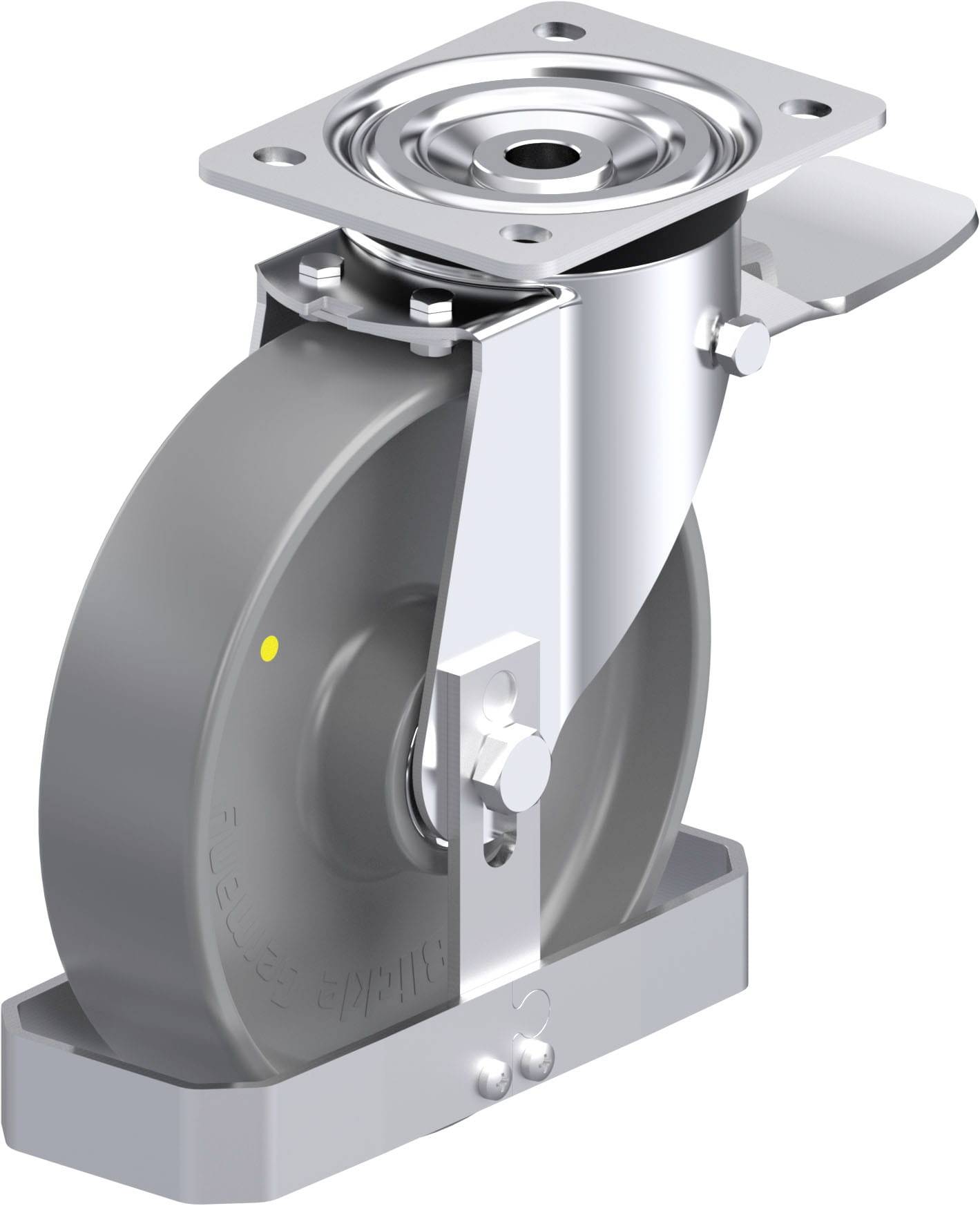 Eine graue Lenkrolle mit Metallschutz, befestigt auf einer rechteckigen Metallplatte.