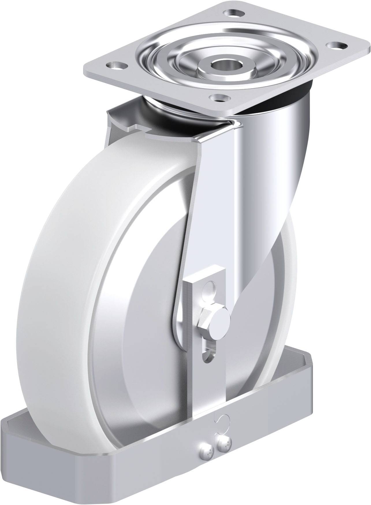 Abbildung eines schweren Lenkrollenrads aus Metall und Kunststoff, montiert auf einer Platte, geeignet für industrielle Anwendungen.