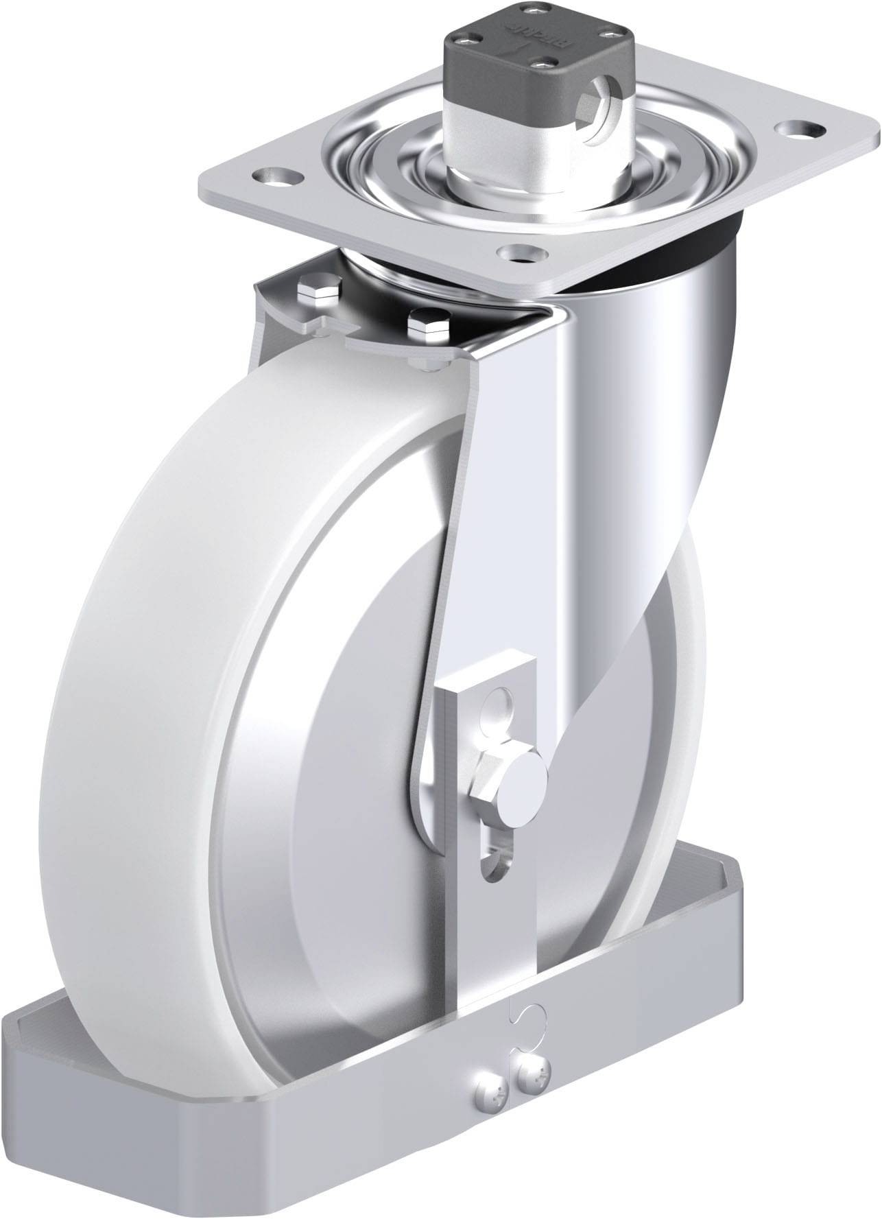 Schwenkrolle mit weißem Rad und silbernem Gehäuse, montiert auf einer rechteckigen Platte mit Schraubenlöchern, dargestellt vor einem weißen Hintergrund.